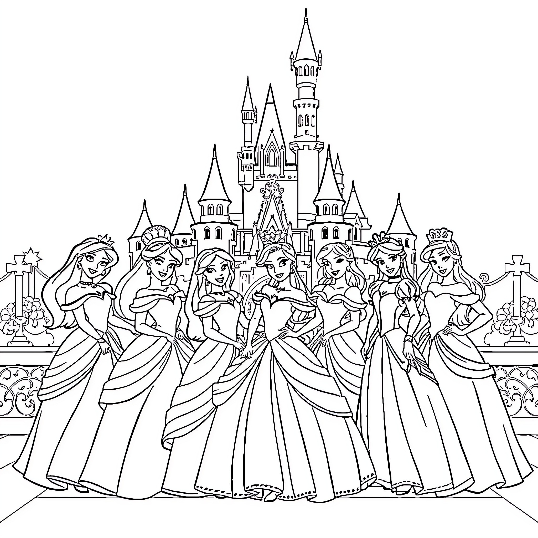 Disney Princess group posing in front of castle Coloring Page (free black-and-white line drawing printable PDF for all, from beginners to advanced learners, including children, teens, adults, and seniors)