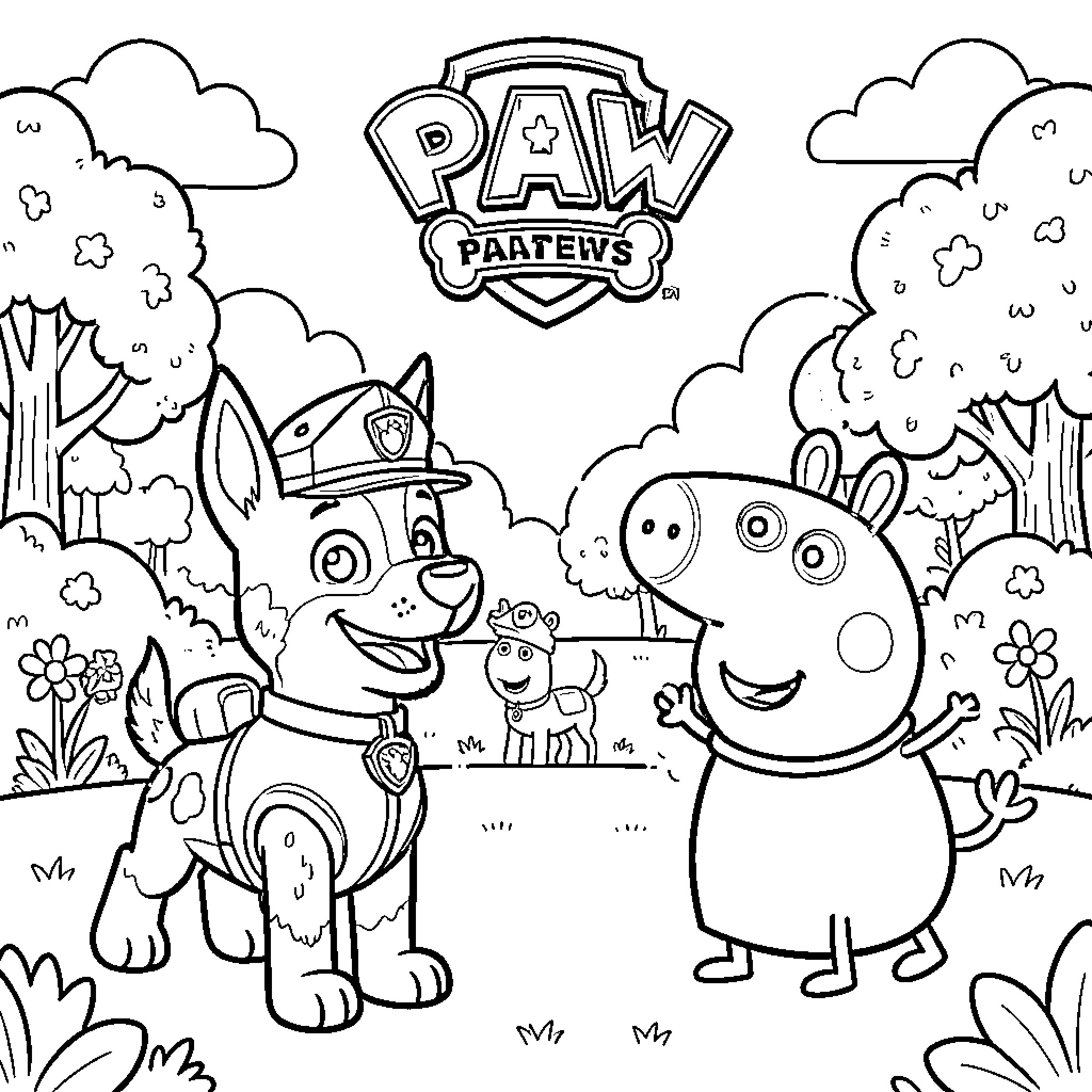 Paw Patrol characters in a forest setting Coloring Page (free black-and-white line drawing printable PDF for all, from beginners to advanced learners, including children, teens, adults, and seniors)