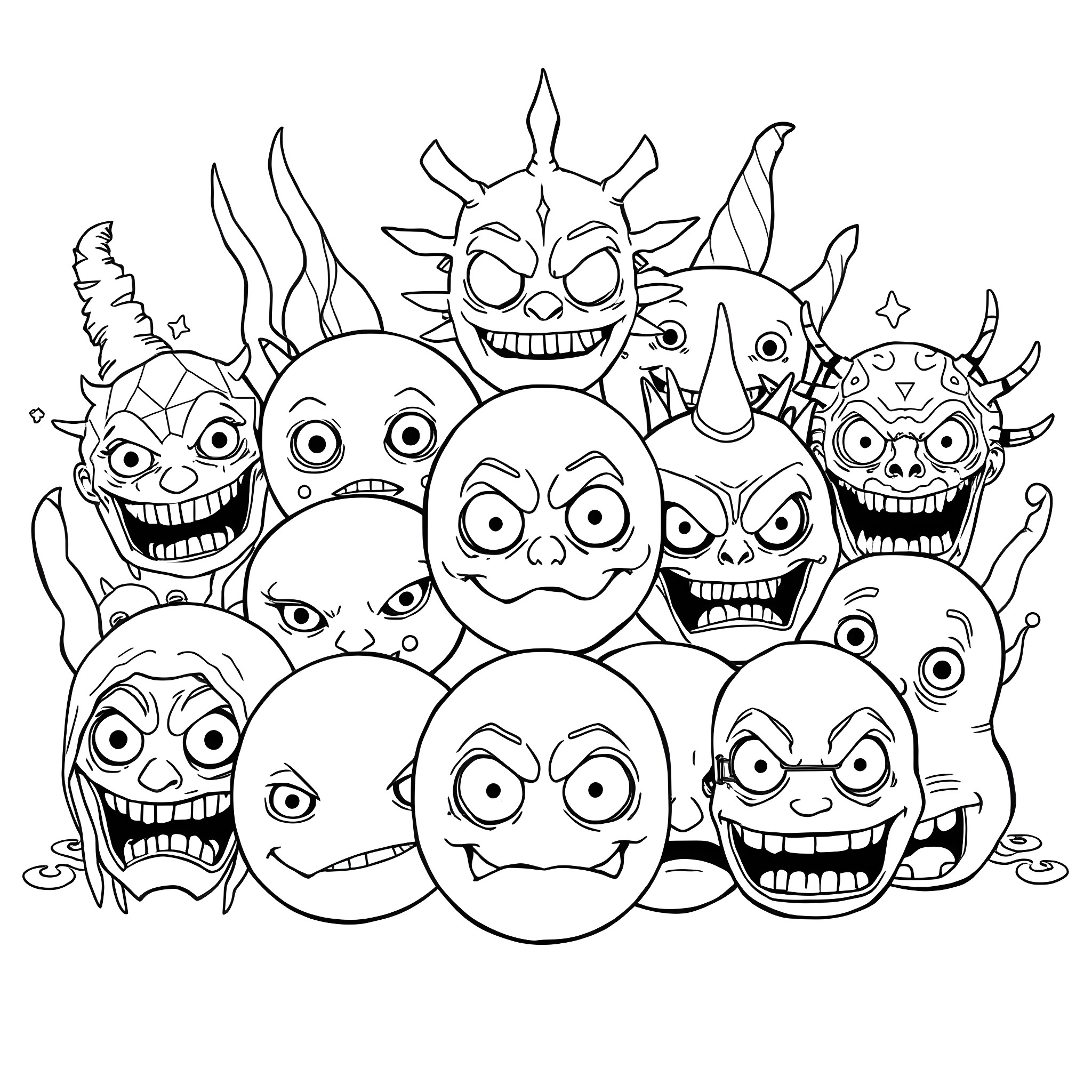 Emoji Faces with Silly Expressions Coloring Page (free black-and-white line drawing printable PDF for all, from beginners to advanced learners, including children, teens, adults, and seniors)
