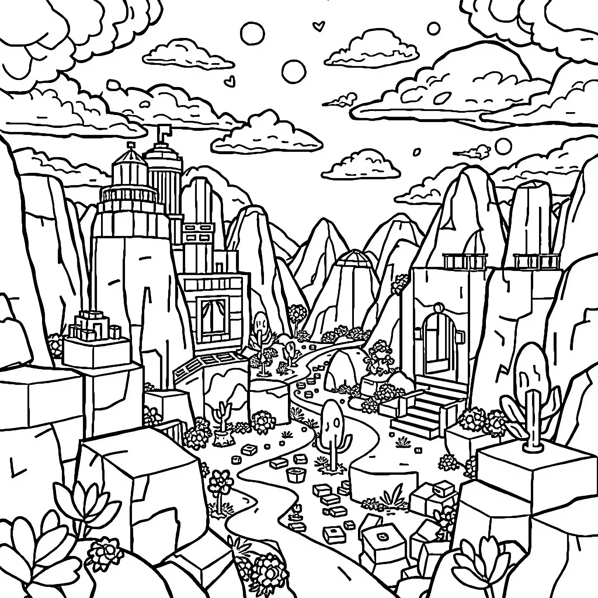 Minecraft Fantasy Landscape with Mountains and Buildings Coloring Page (free black-and-white line drawing printable PDF for all, from beginners to advanced learners, including children, teens, adults, and seniors)