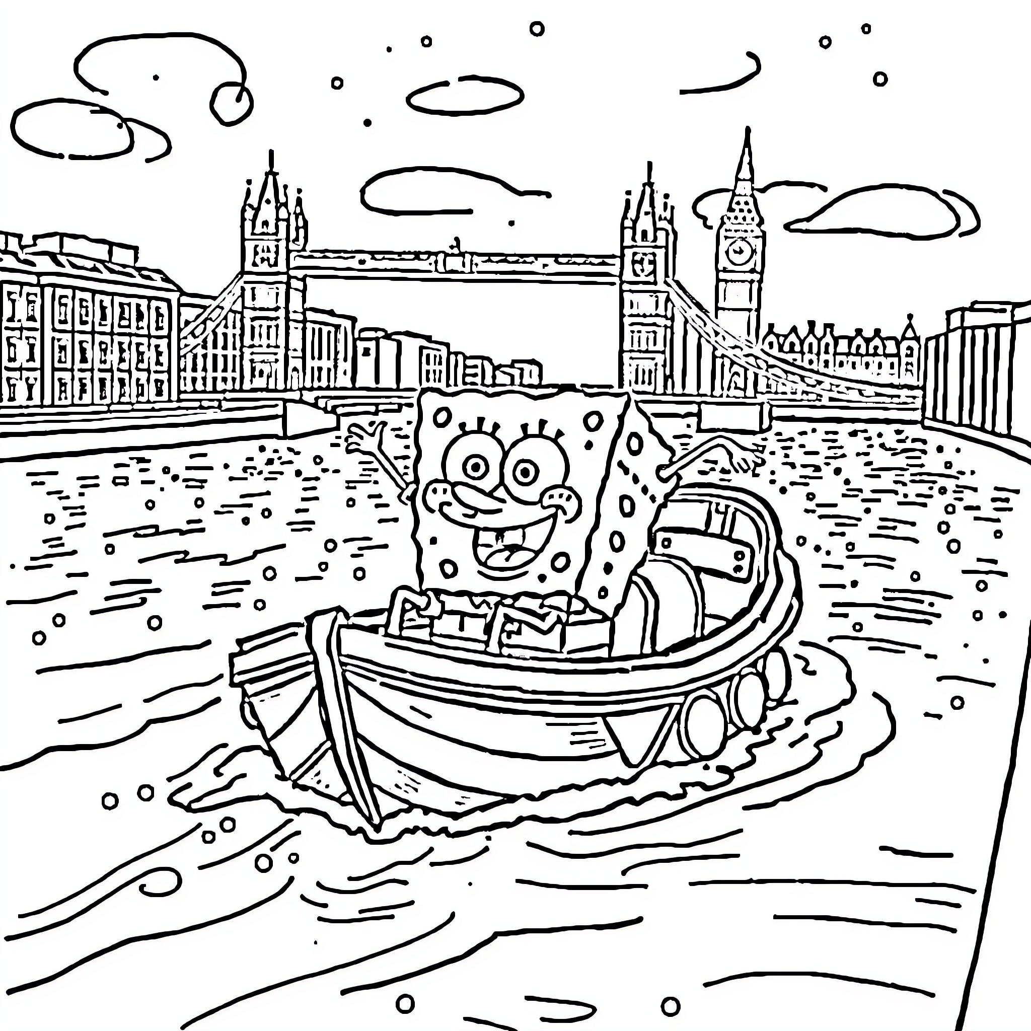 Spongebob enjoying a boat ride in the city Coloring Page (free black-and-white line drawing printable PDF for all, from beginners to advanced learners, including children, teens, adults, and seniors)