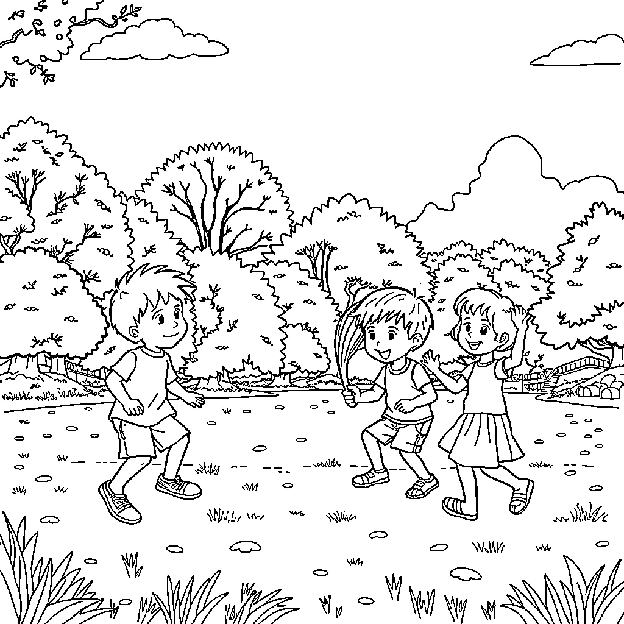 Kids playing joyfully in the outdoor park Coloring Page (free black-and-white line drawing printable PDF for all, from beginners to advanced learners, including children, teens, adults, and seniors)