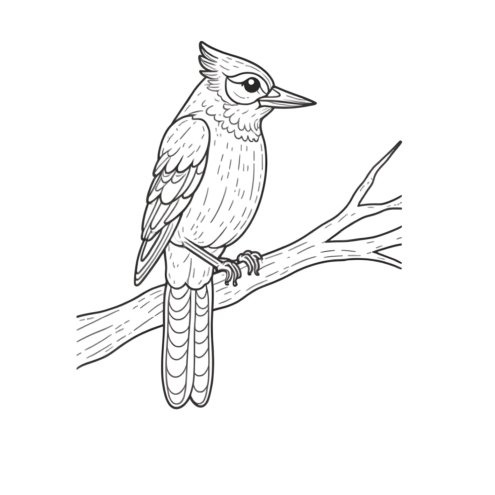 Blue Jay perched on a branch Coloring Page (free black-and-white line drawing printable PDF for all, from beginners to advanced learners, including children, teens, adults, and seniors)