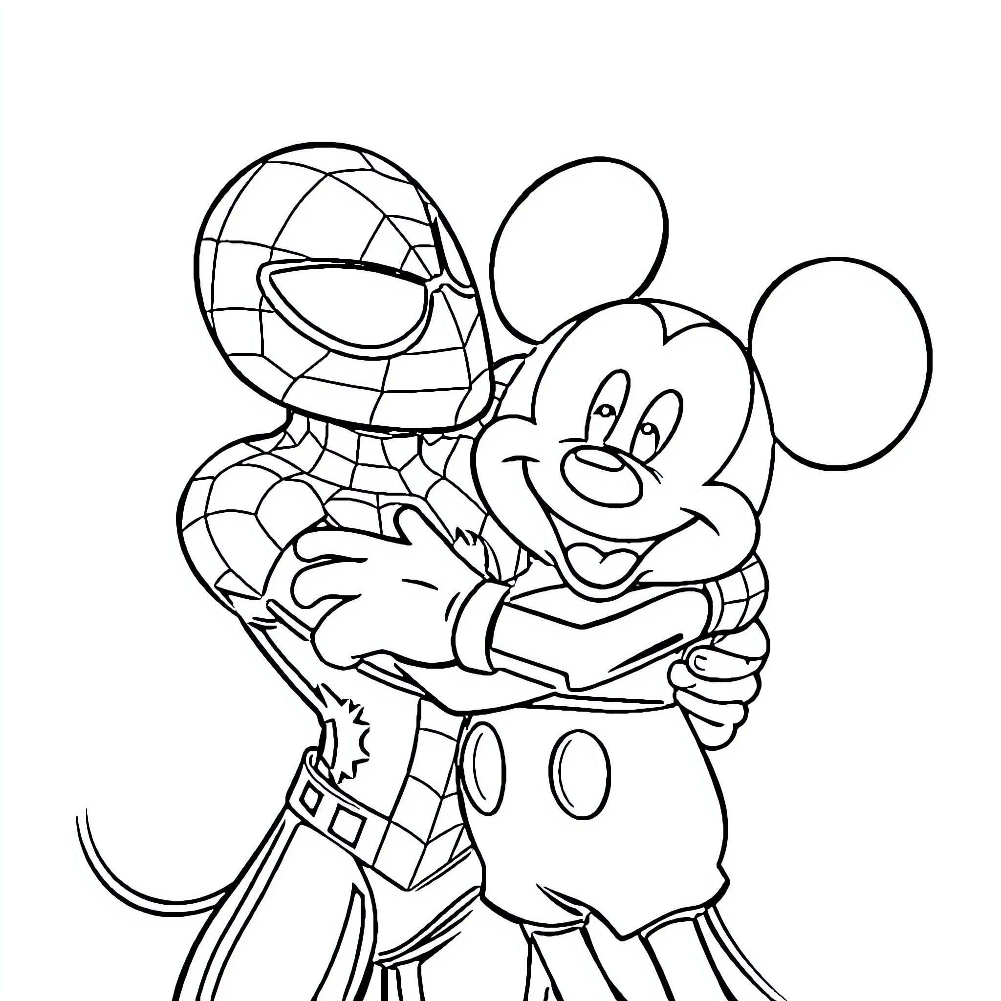 Spider-Man and Mickey Mouse in a friendly embrace Coloring Page (free black-and-white line drawing printable PDF for all, from beginners to advanced learners, including children, teens, adults, and seniors)