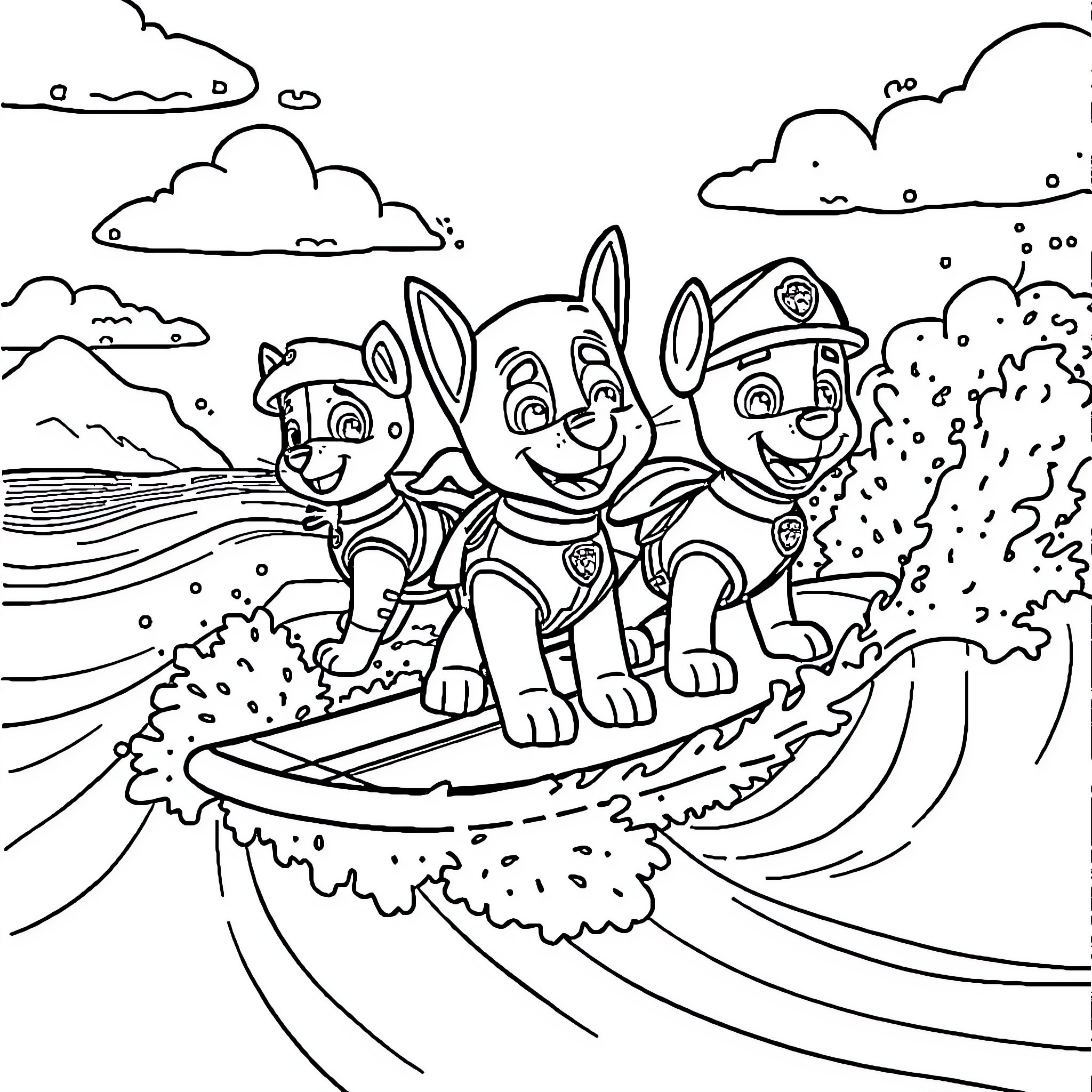 Paw Patrol Team Surfing on Waves Coloring Page (free black-and-white line drawing printable PDF for all, from beginners to advanced learners, including children, teens, adults, and seniors)