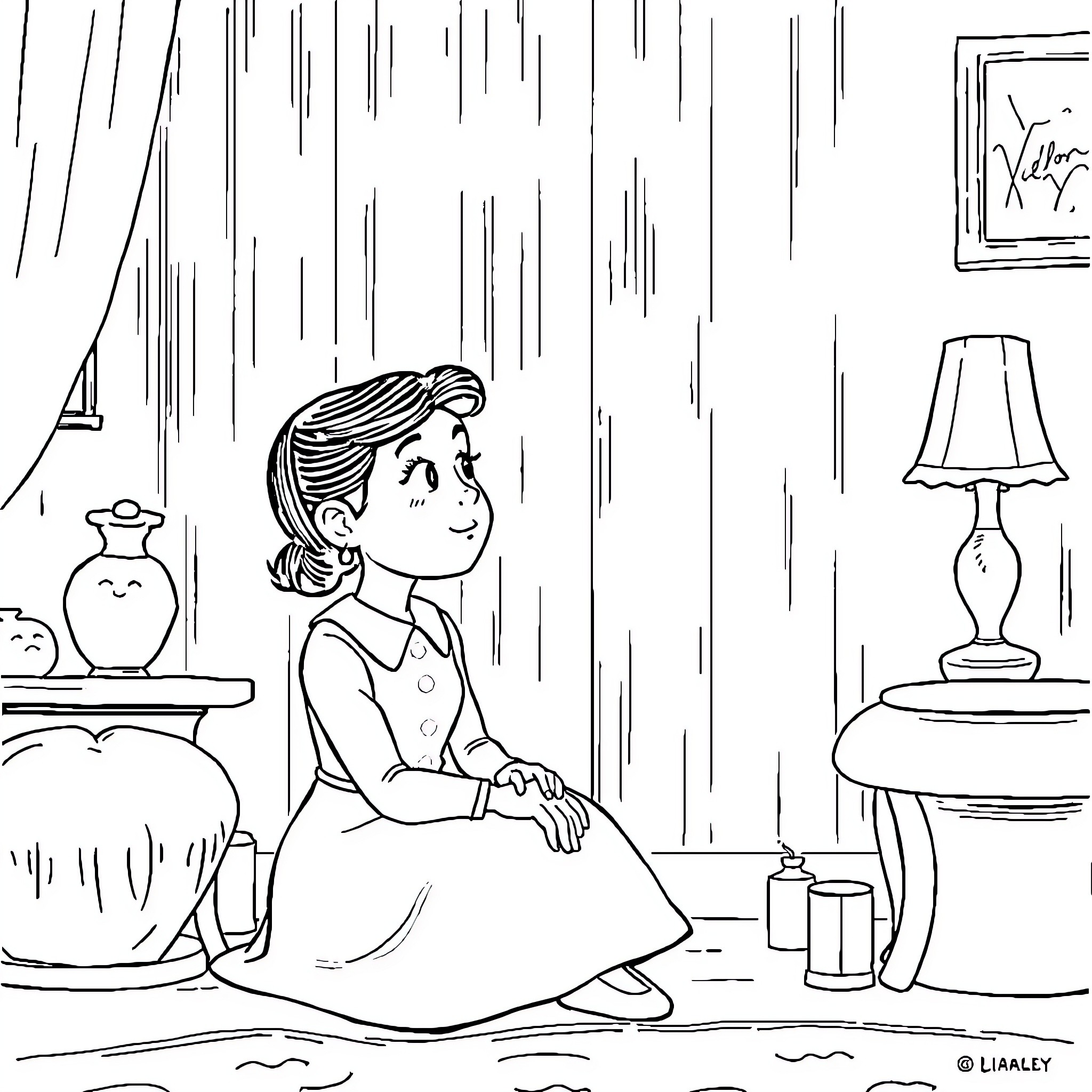 Wednesday Rainy Day Reflections Coloring Page (free black-and-white line drawing printable PDF for all, from beginners to advanced learners, including children, teens, adults, and seniors)