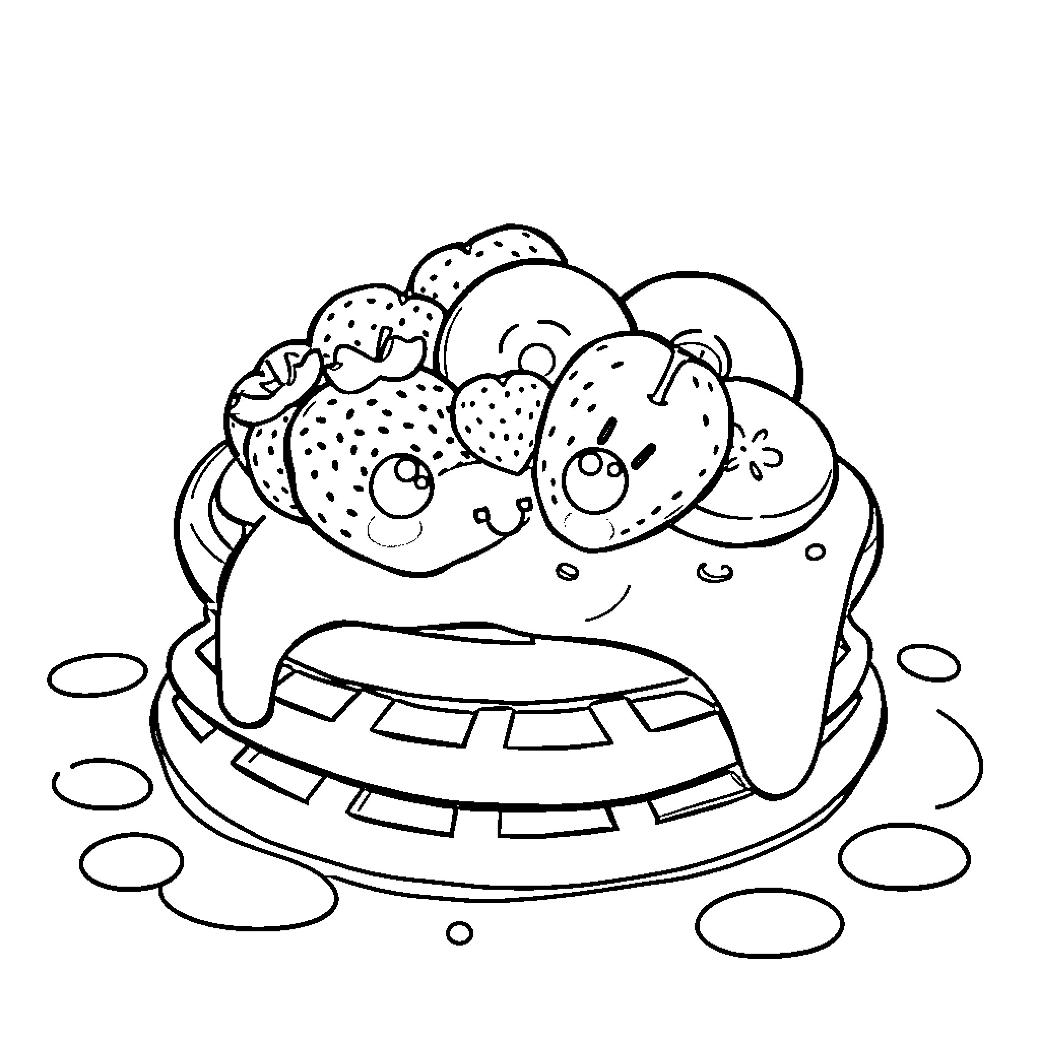 Waffle-themed Dessert with Adorable Toppings Coloring Page (free black-and-white line drawing printable PDF for all, from beginners to advanced learners, including children, teens, adults, and seniors)