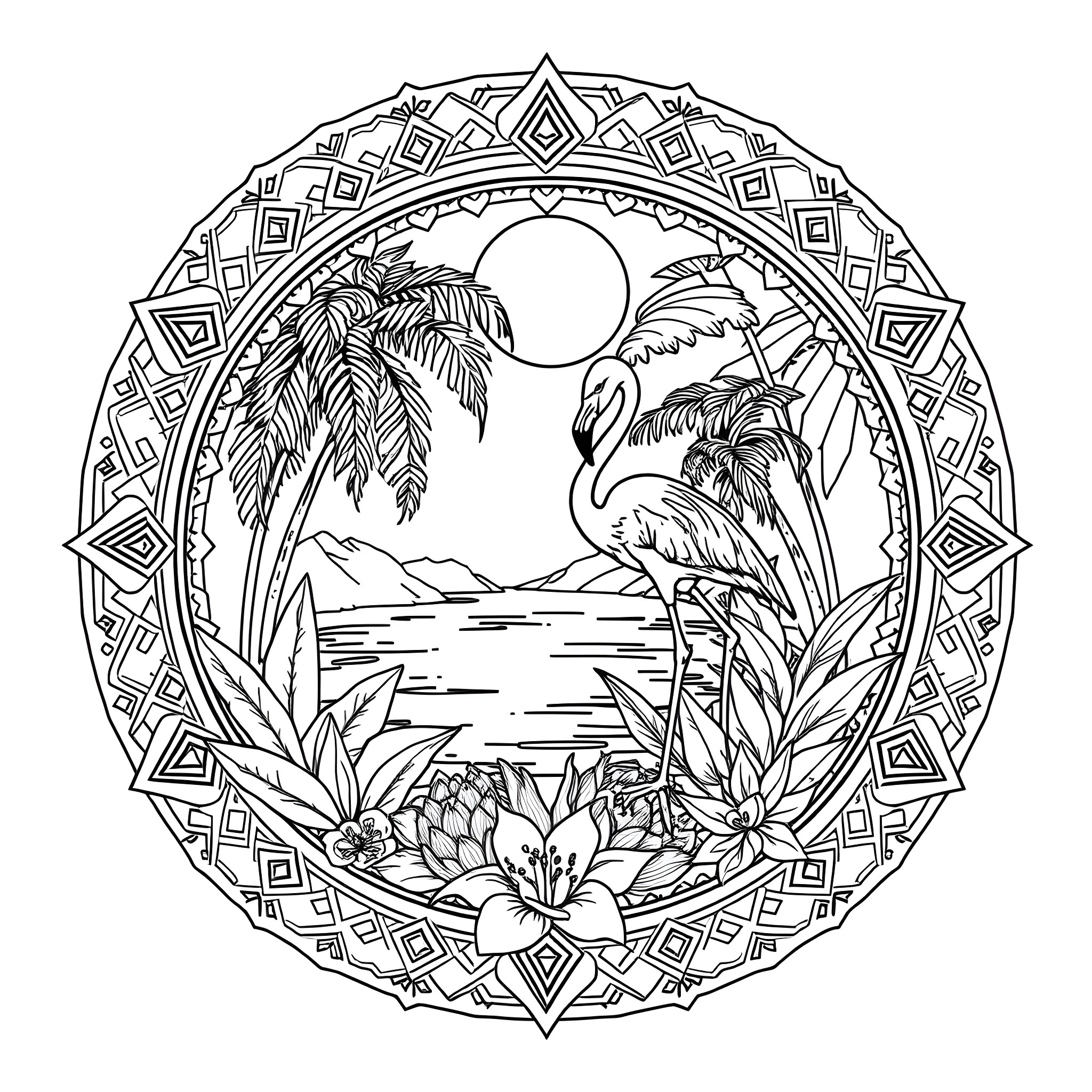 Flamingo in tropical island paradise Coloring Page (free black-and-white line drawing printable PDF for all, from beginners to advanced learners, including children, teens, adults, and seniors)