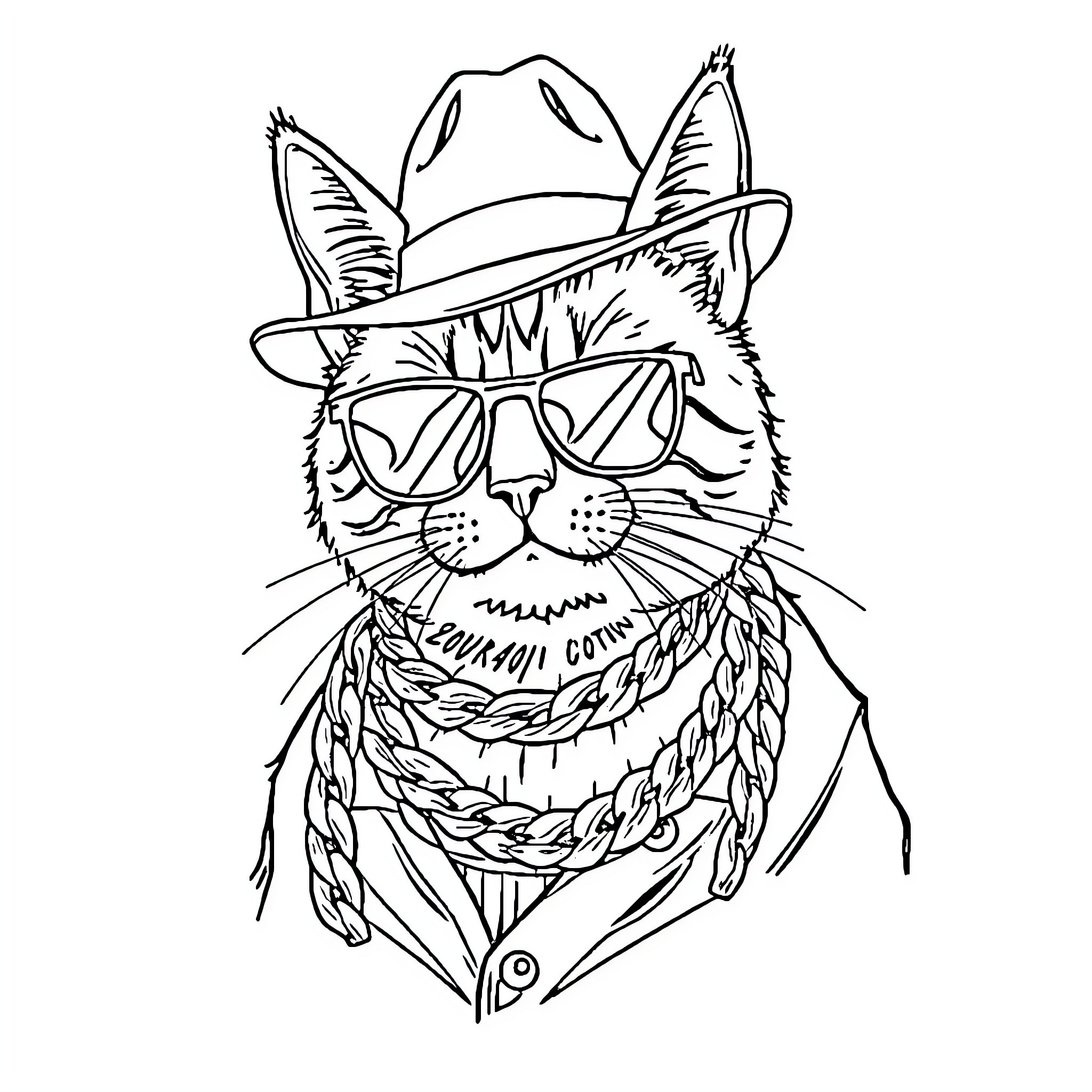Cat wearing stylish cowboy hat and sunglasses Coloring Page (free black-and-white line drawing printable PDF for all, from beginners to advanced learners, including children, teens, adults, and seniors)