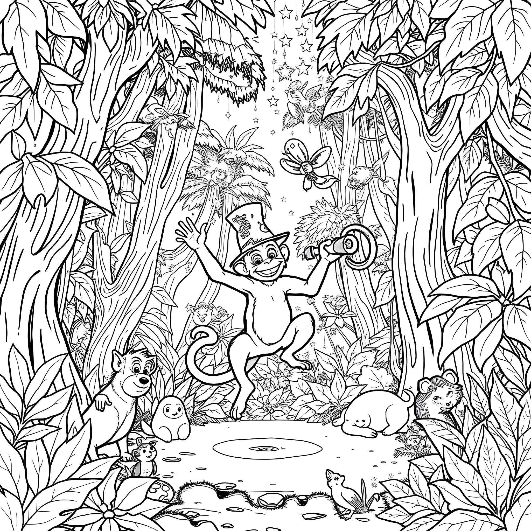 Monkeys Exploring the Lush Jungle Landscape Coloring Page (free black-and-white line drawing printable PDF for all, from beginners to advanced learners, including children, teens, adults, and seniors)