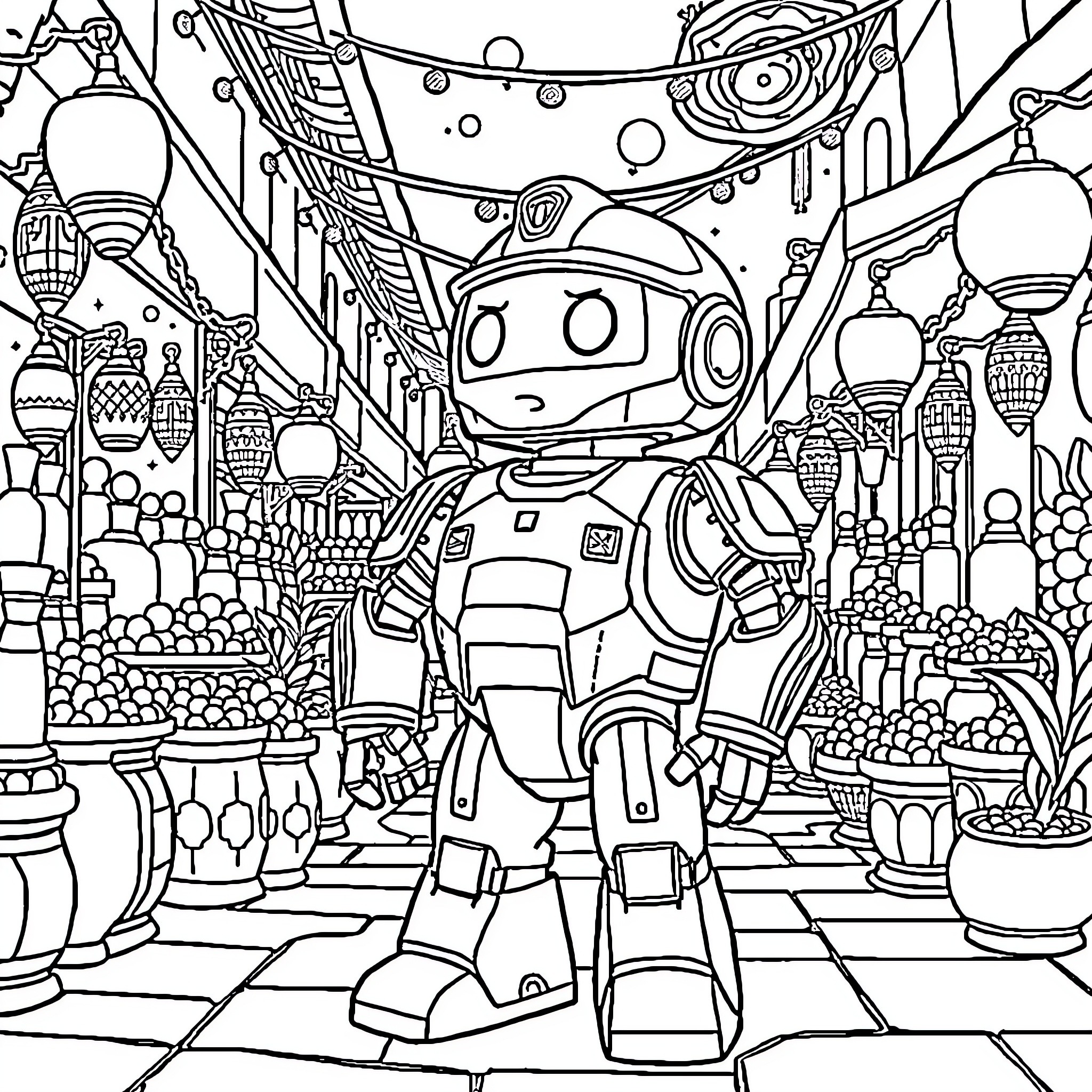 Robocar Poli exploring a vibrant, fantastical marketplace Coloring Page (free black-and-white line drawing printable PDF for all, from beginners to advanced learners, including children, teens, adults, and seniors)