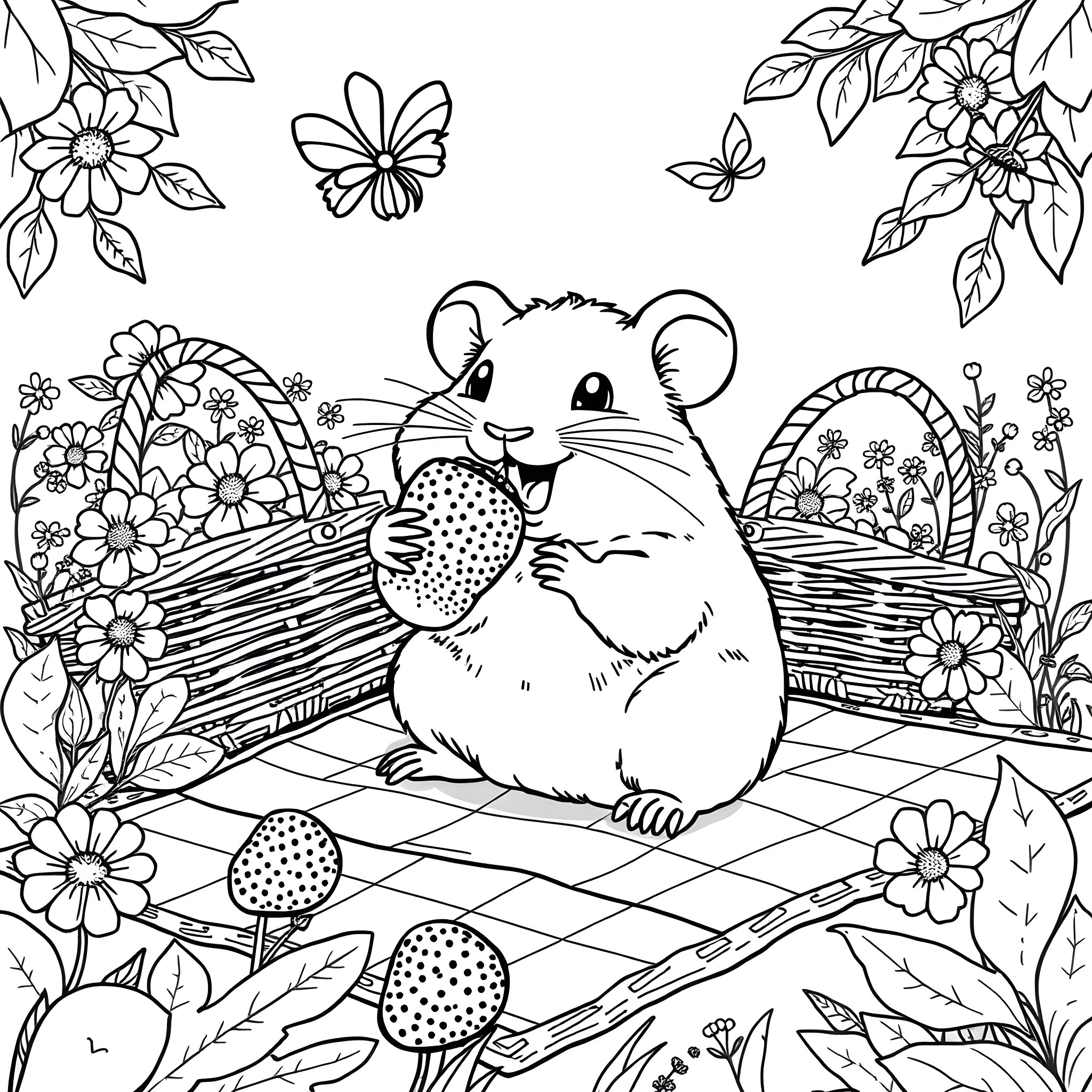 Hamster playing in a floral garden Coloring Page (free black-and-white line drawing printable PDF for all, from beginners to advanced learners, including children, teens, adults, and seniors)