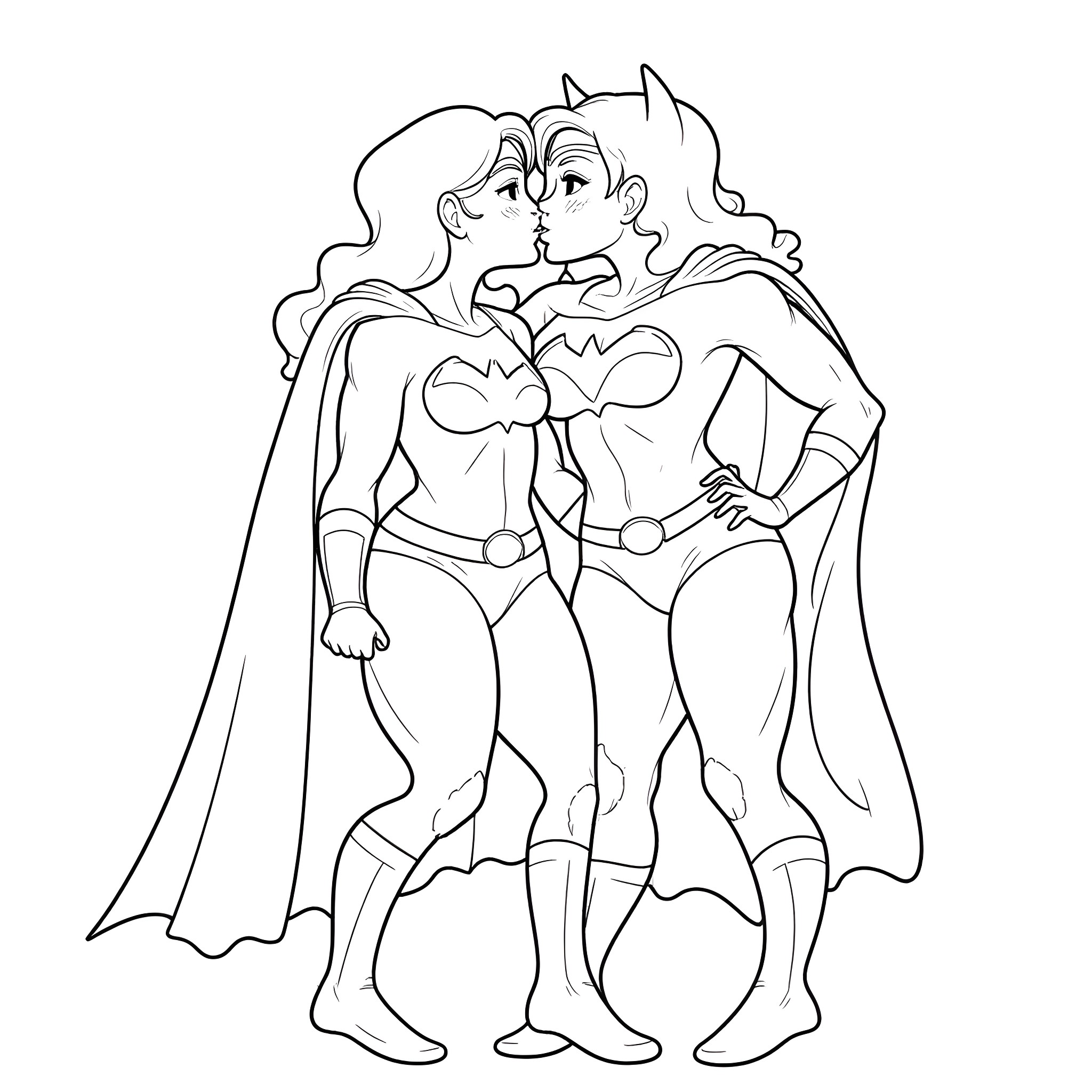 Wonder Woman and her partner striking a heroic pose Coloring Page (free black-and-white line drawing printable PDF for all, from beginners to advanced learners, including children, teens, adults, and seniors)
