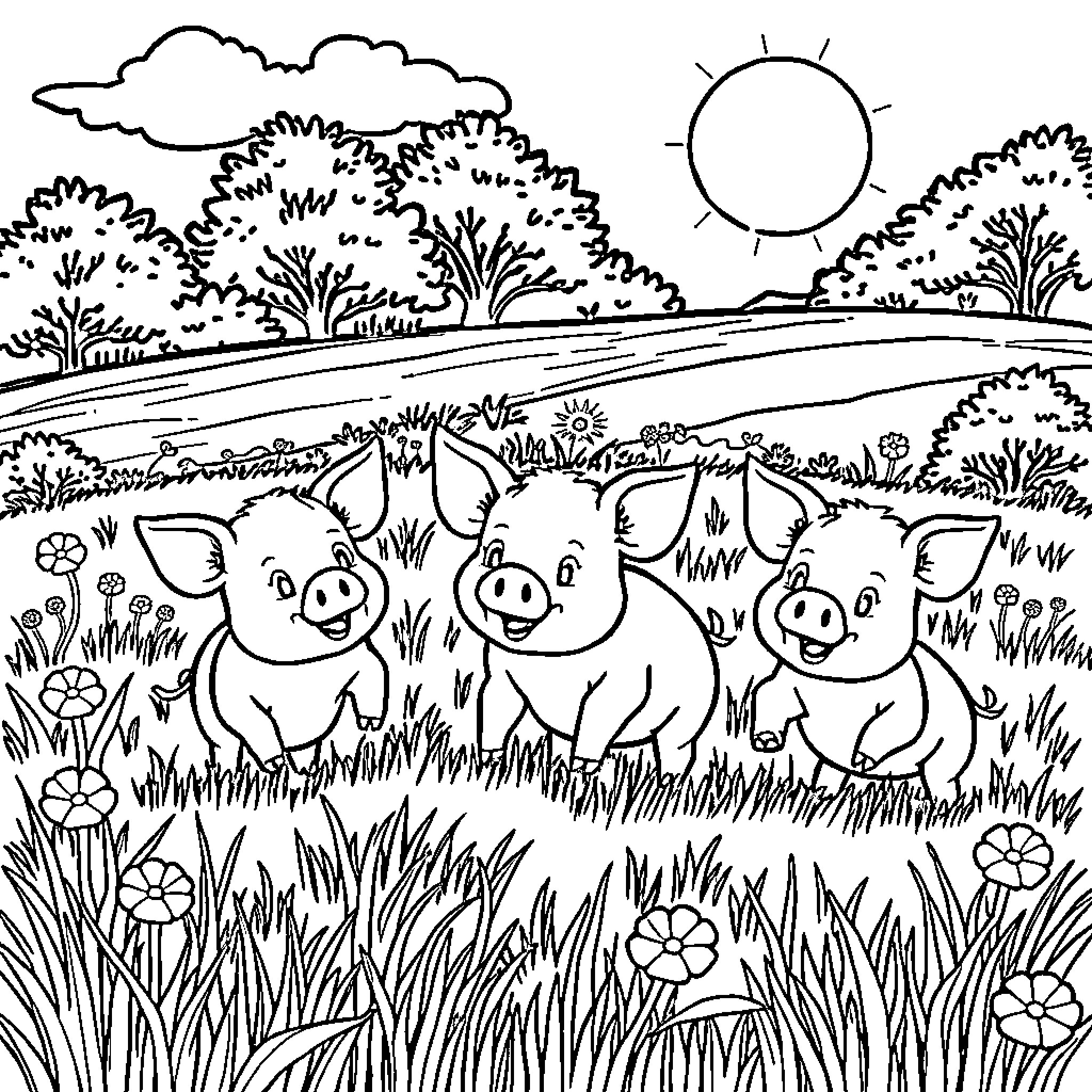 Pig friends playing in the sunny field Coloring Page (free black-and-white line drawing printable PDF for all, from beginners to advanced learners, including children, teens, adults, and seniors)