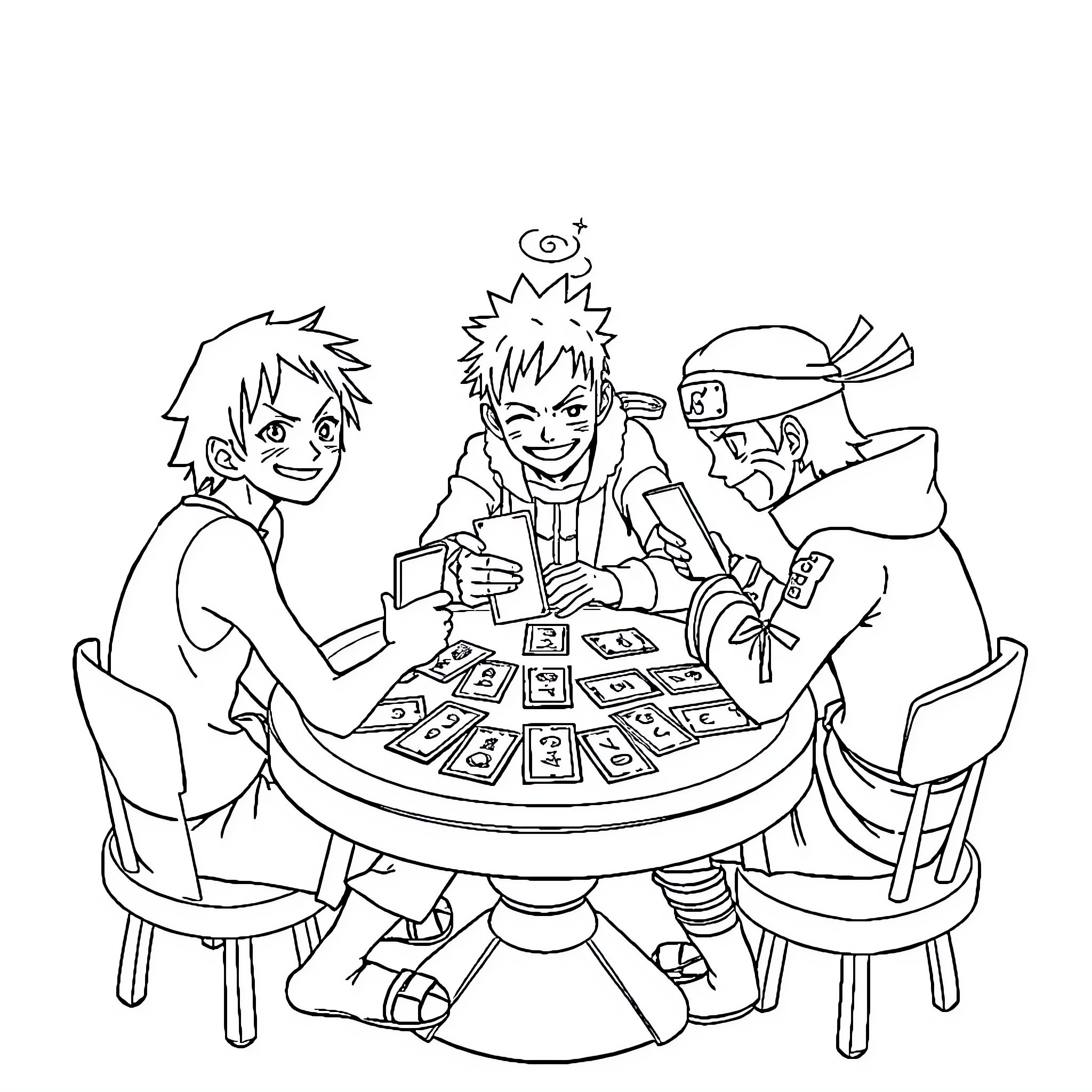 Anime Characters Playing Card Games Together Coloring Page (free black-and-white line drawing printable PDF for all, from beginners to advanced learners, including children, teens, adults, and seniors)