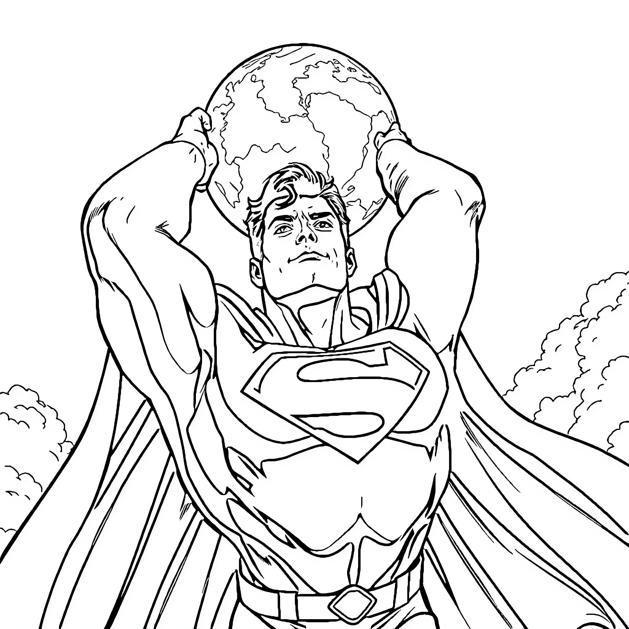 Superman carrying the world on his shoulders Coloring Page (free black-and-white line drawing printable PDF for all, from beginners to advanced learners, including children, teens, adults, and seniors)