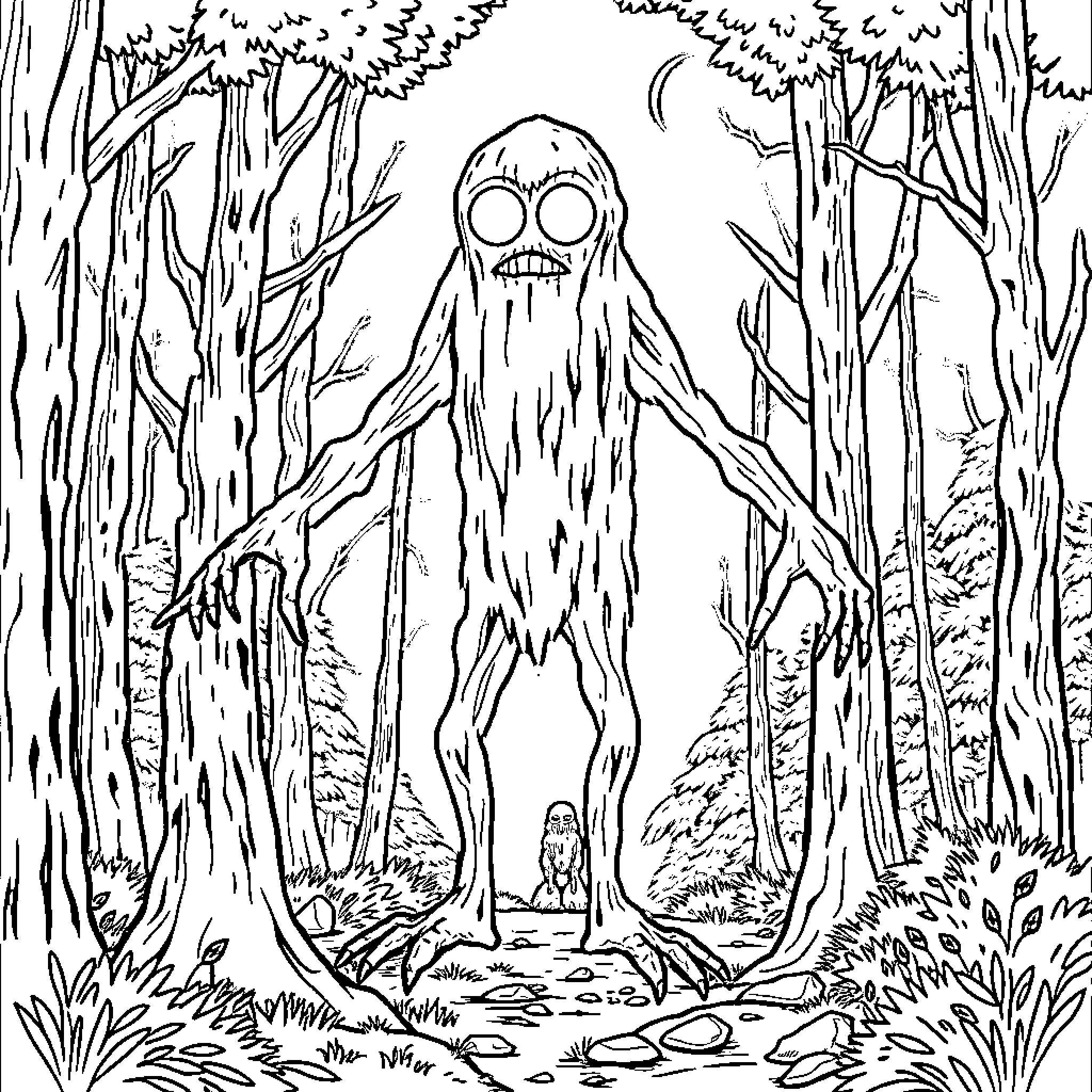 Flatwoods Monster emerging from the eerie forest Coloring Page (free black-and-white line drawing printable PDF for all, from beginners to advanced learners, including children, teens, adults, and seniors)