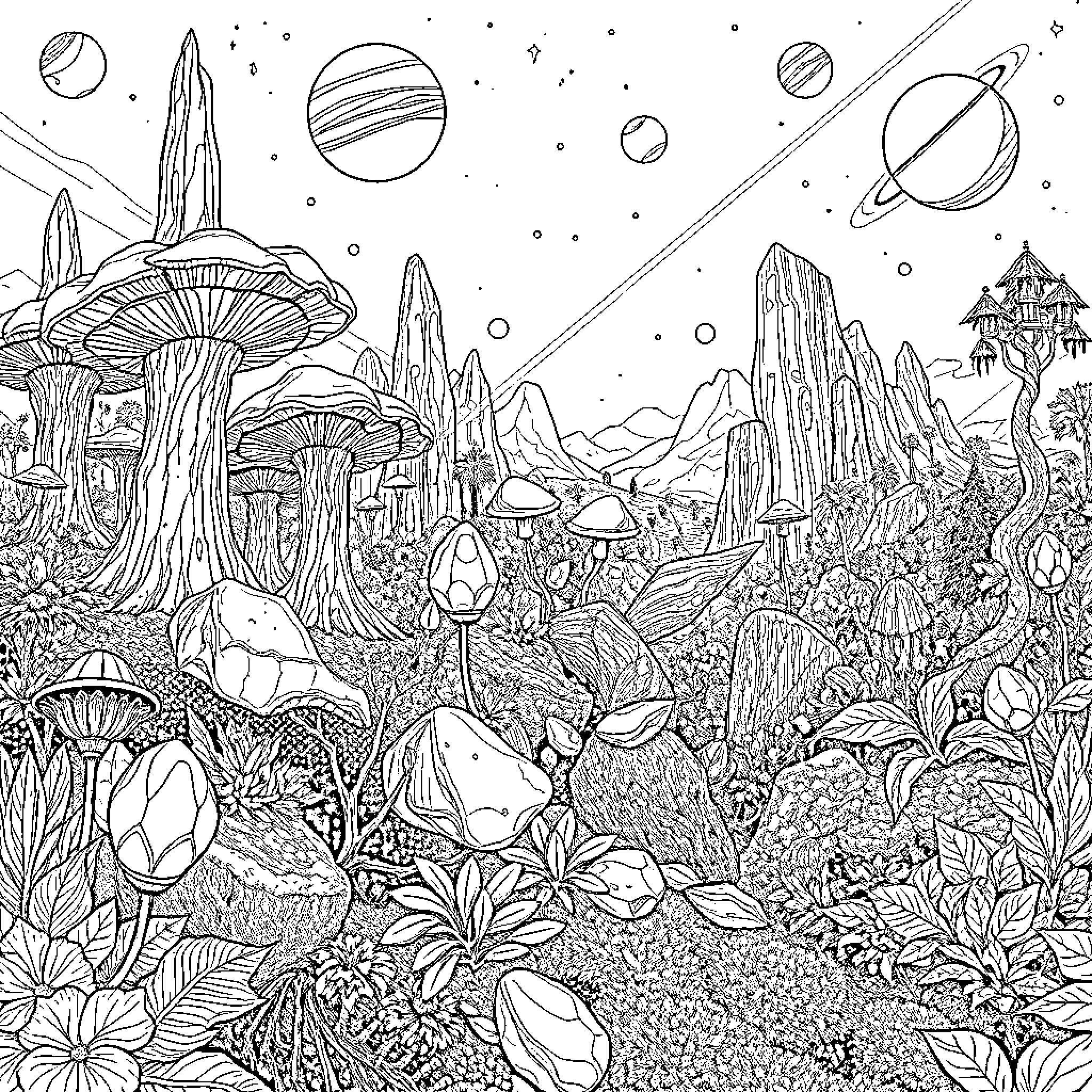 Alien Forest with Surreal Landscape and Celestial Bodies Coloring Page (free black-and-white line drawing printable PDF for all, from beginners to advanced learners, including children, teens, adults, and seniors)