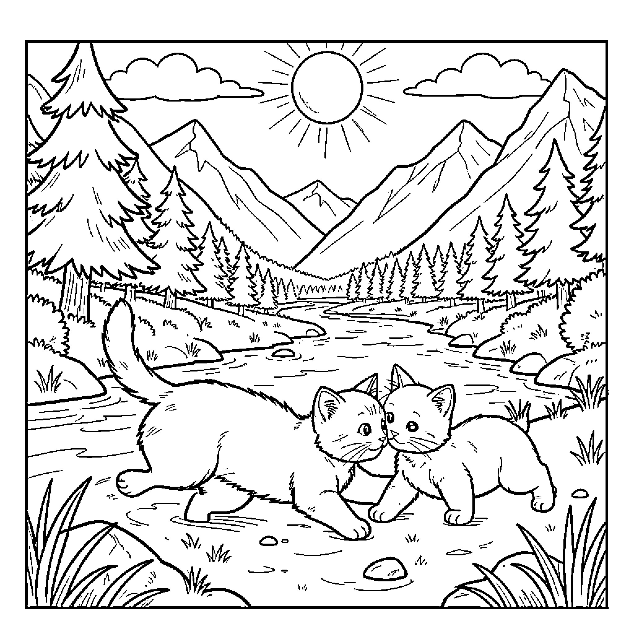 Baby Cat kittens playing by a mountain river Coloring Page (free black-and-white line drawing printable PDF for all, from beginners to advanced learners, including children, teens, adults, and seniors)