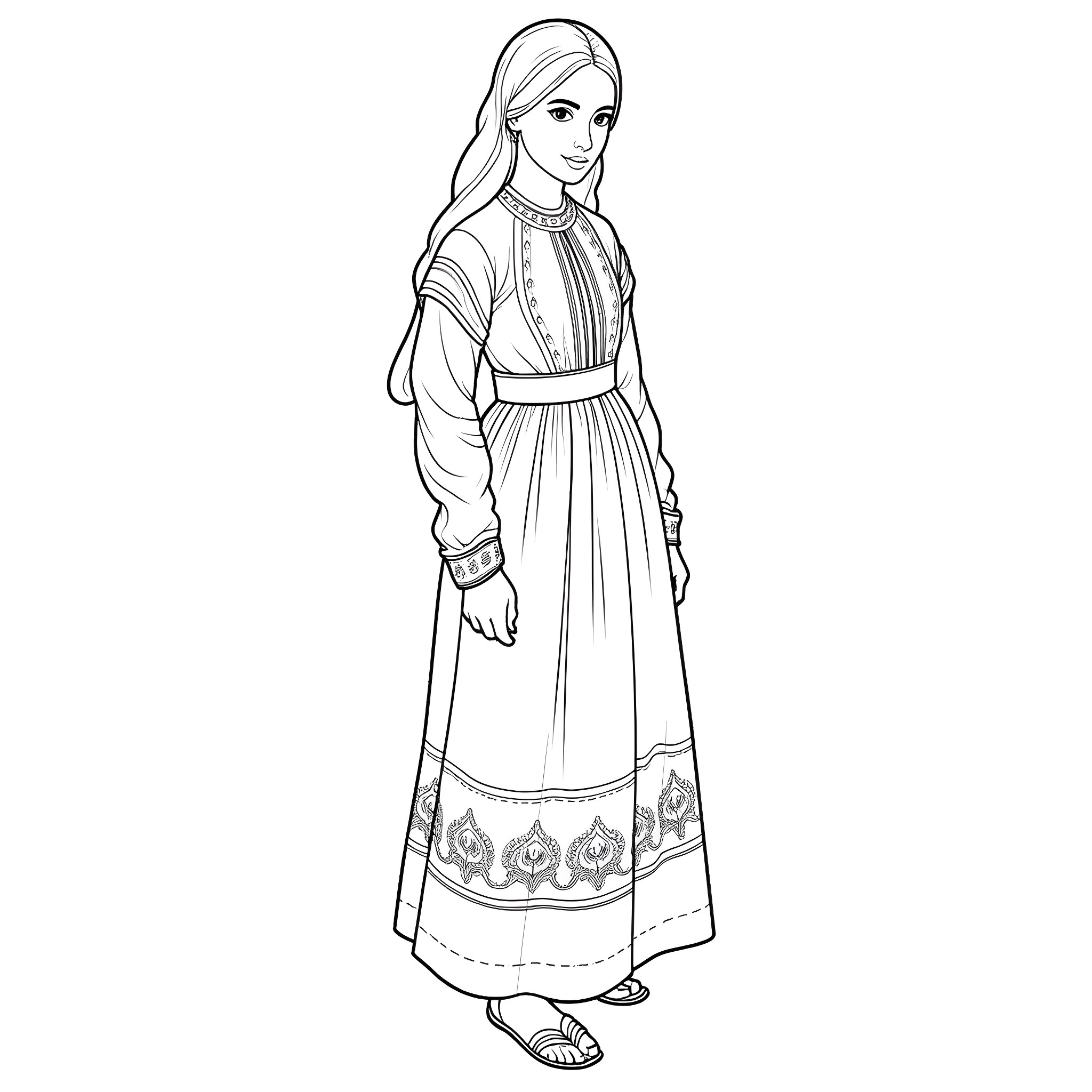 Bosnian woman in traditional ethnic dress Coloring Page (free black-and-white line drawing printable PDF for all, from beginners to advanced learners, including children, teens, adults, and seniors)