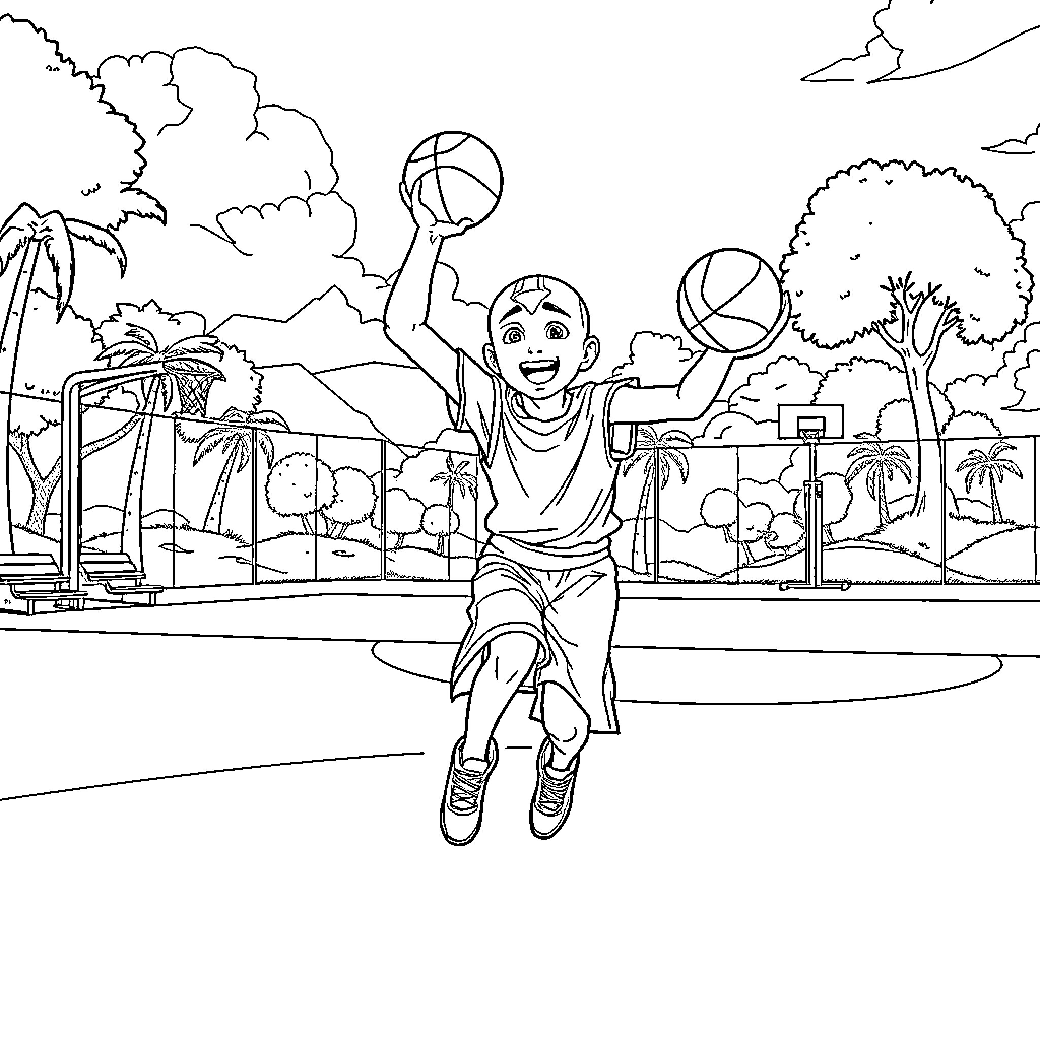 Aang playing basketball in a tropical setting Coloring Page (free black-and-white line drawing printable PDF for all, from beginners to advanced learners, including children, teens, adults, and seniors)