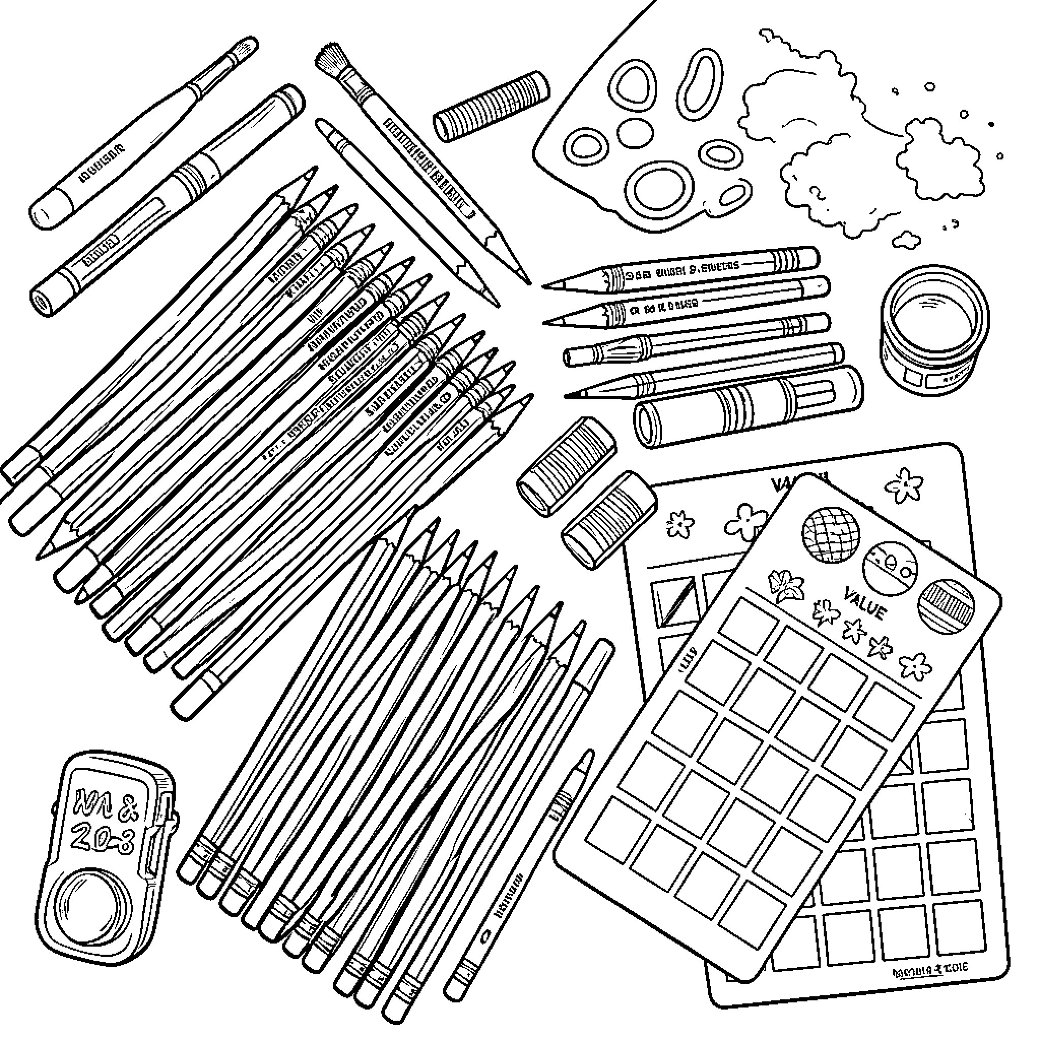 Art Supply Creative Workspace with Stationery and Coloring Pages Coloring Page (free black-and-white line drawing printable PDF for all, from beginners to advanced learners, including children, teens, adults, and seniors)