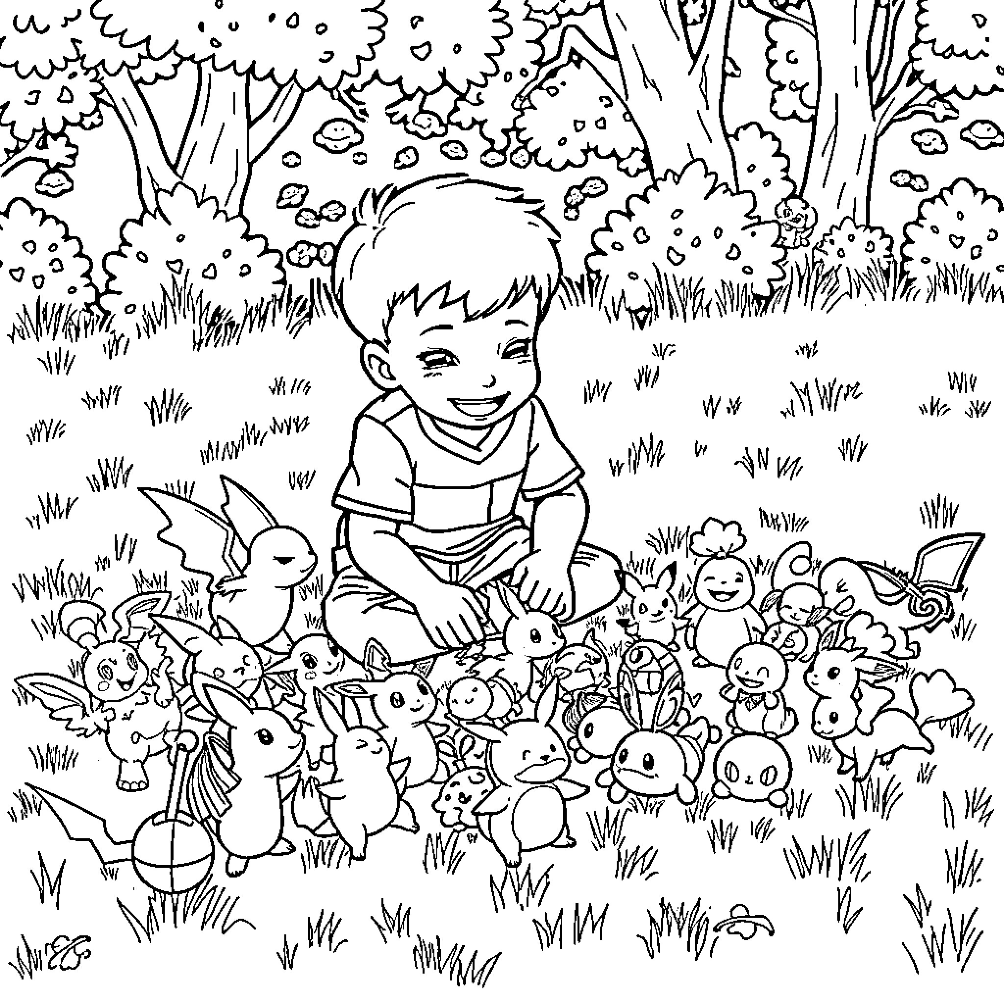 Boy playing with adorable cartoon animals in the forest Coloring Page (free black-and-white line drawing printable PDF for all, from beginners to advanced learners, including children, teens, adults, and seniors)