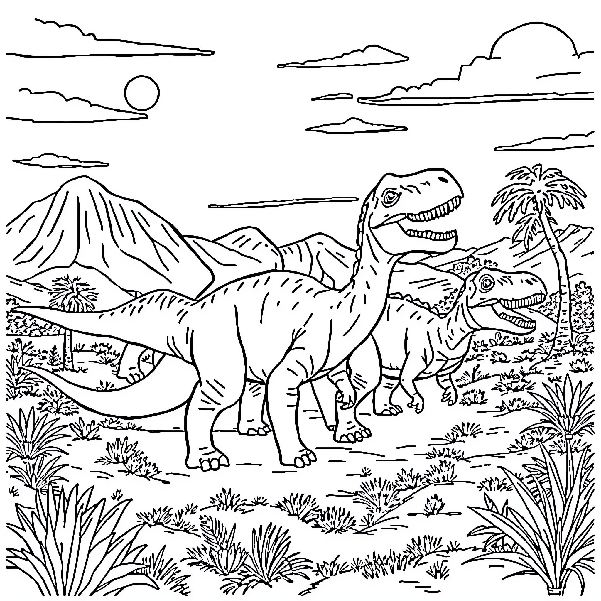 Dinosaurs roaming through prehistoric landscape Coloring Page (free black-and-white line drawing printable PDF for all, from beginners to advanced learners, including children, teens, adults, and seniors)