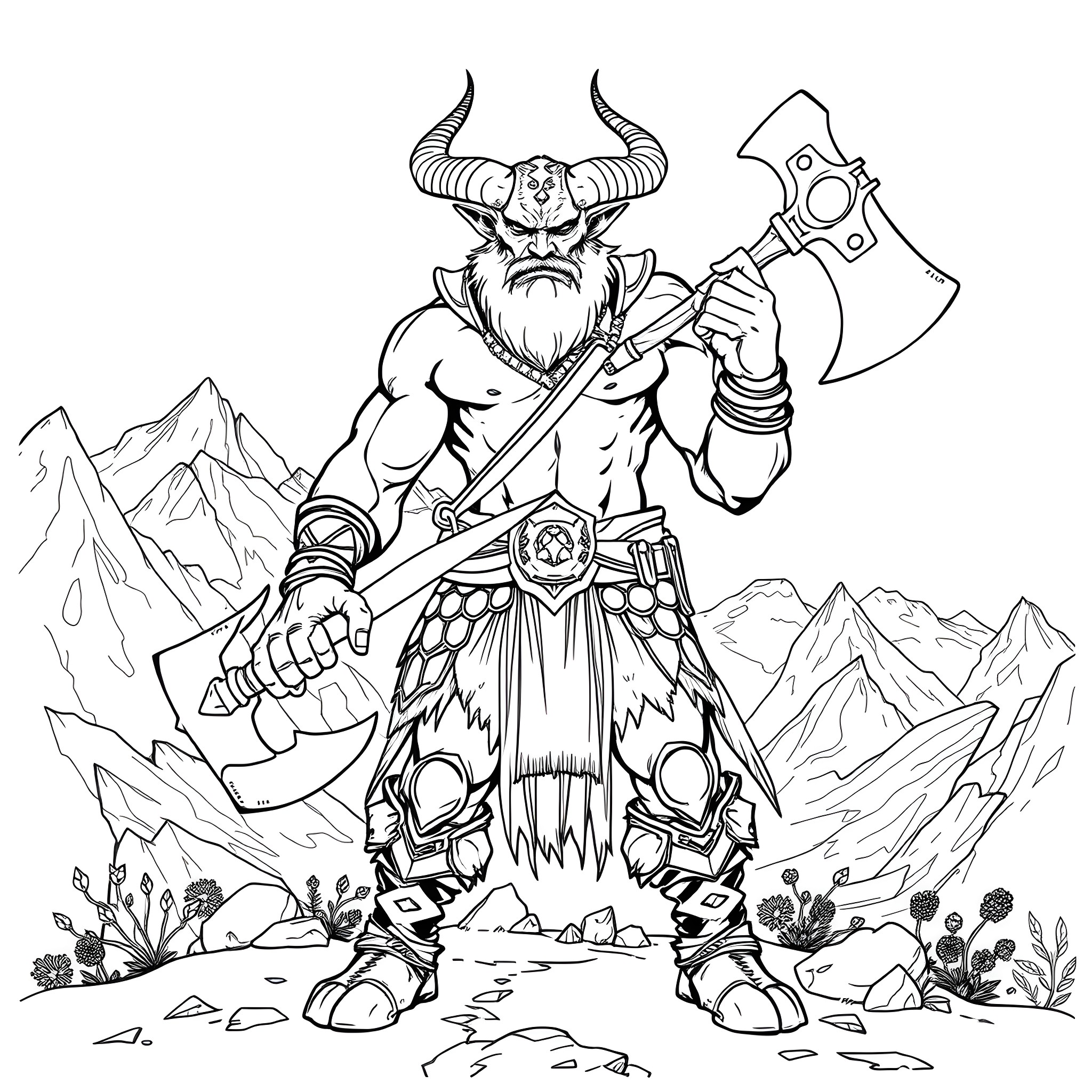 Tiefling warrior wielding axe in the mountains Coloring Page (free black-and-white line drawing printable PDF for all, from beginners to advanced learners, including children, teens, adults, and seniors)