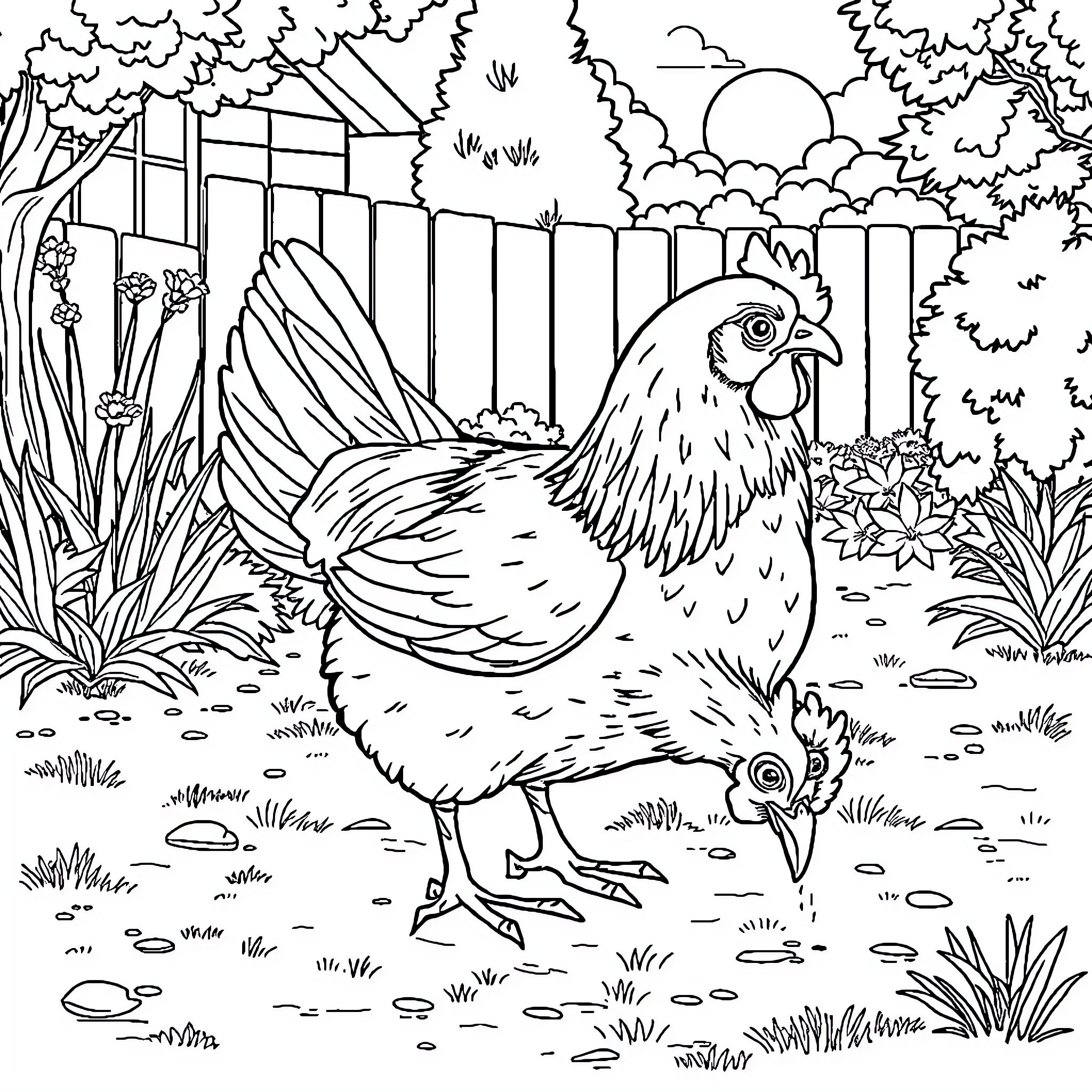 Chicken exploring the garden Coloring Page (free black-and-white line drawing printable PDF for all, from beginners to advanced learners, including children, teens, adults, and seniors)