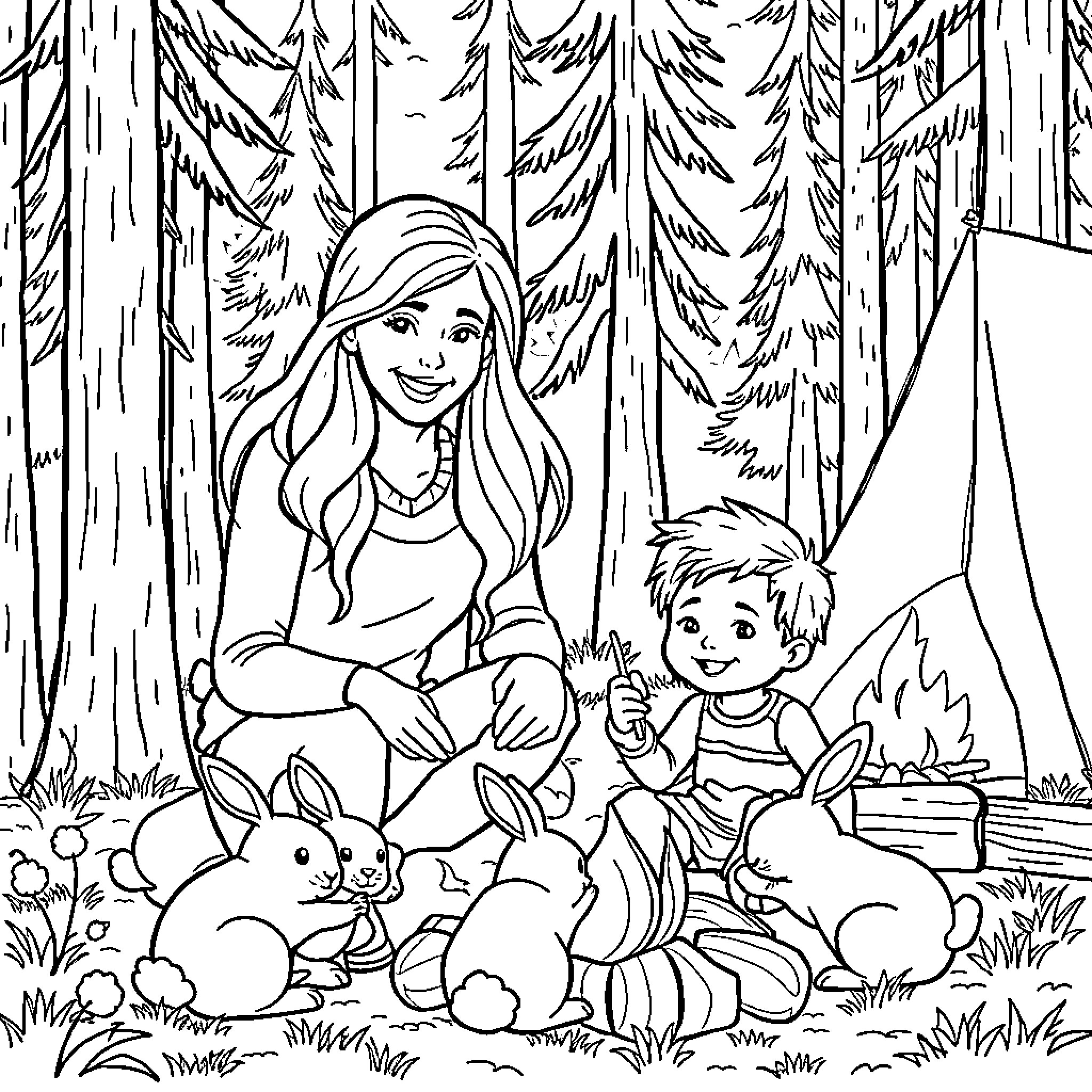 Bunny Tales with a Girl and Child in the Forest Coloring Page (free black-and-white line drawing printable PDF for all, from beginners to advanced learners, including children, teens, adults, and seniors)