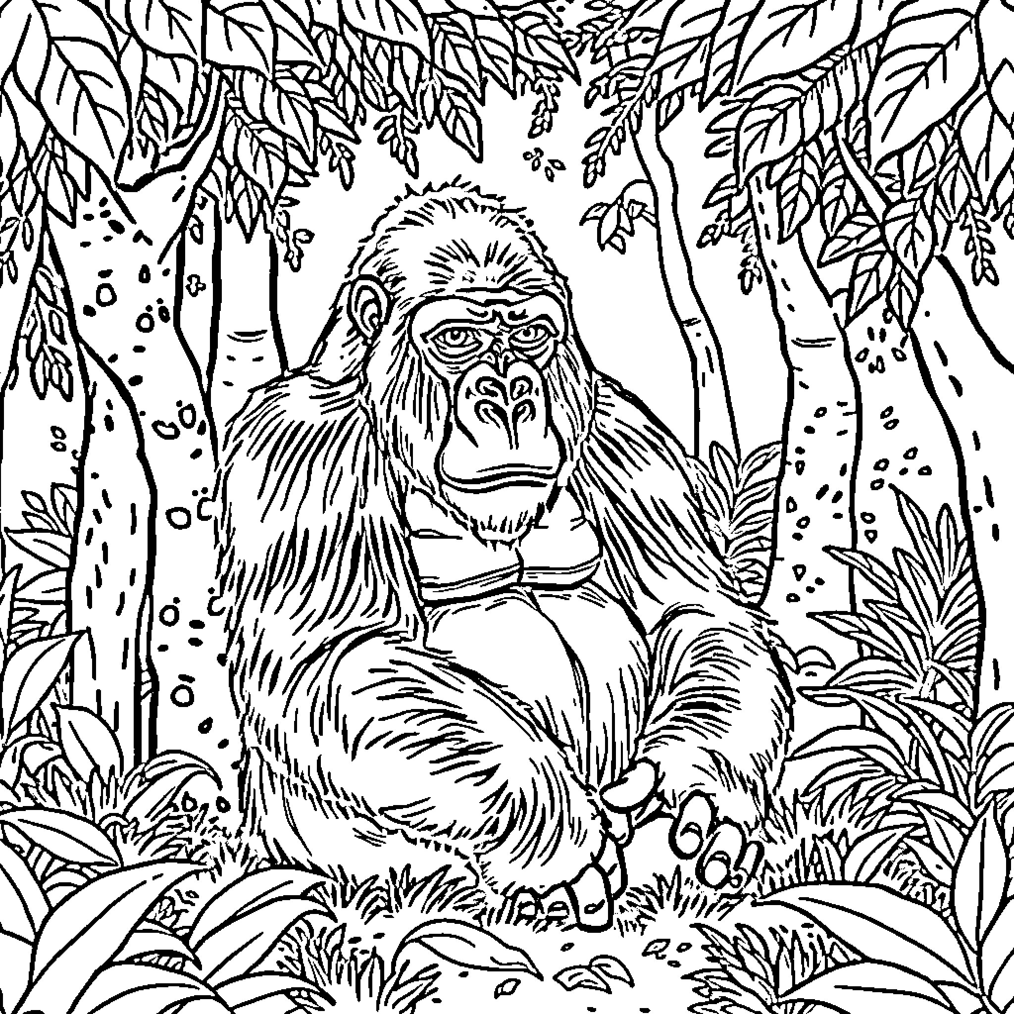 Gorilla in Lush Jungle Foliage Coloring Page (free black-and-white line drawing printable PDF for all, from beginners to advanced learners, including children, teens, adults, and seniors)