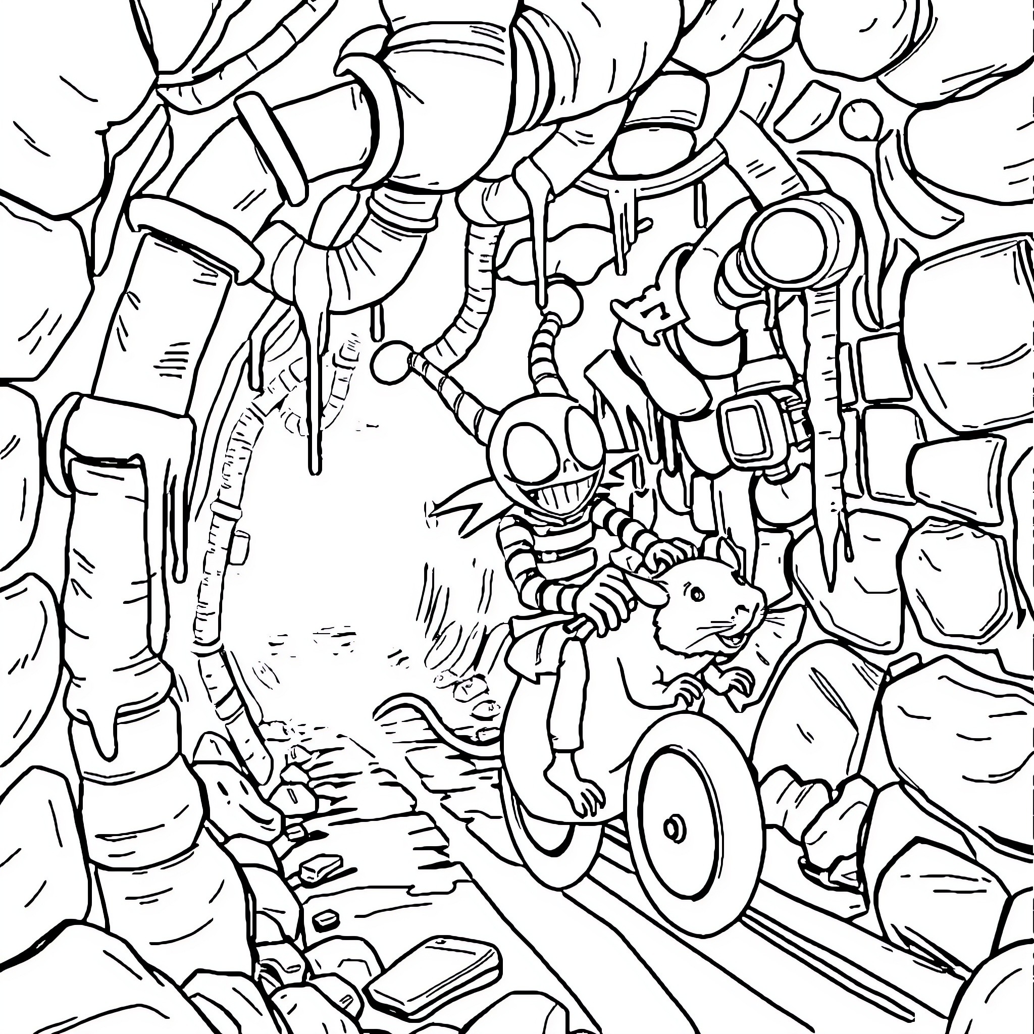 Beetle Juice exploring a whimsical, mechanical landscape Coloring Page (free black-and-white line drawing printable PDF for all, from beginners to advanced learners, including children, teens, adults, and seniors)