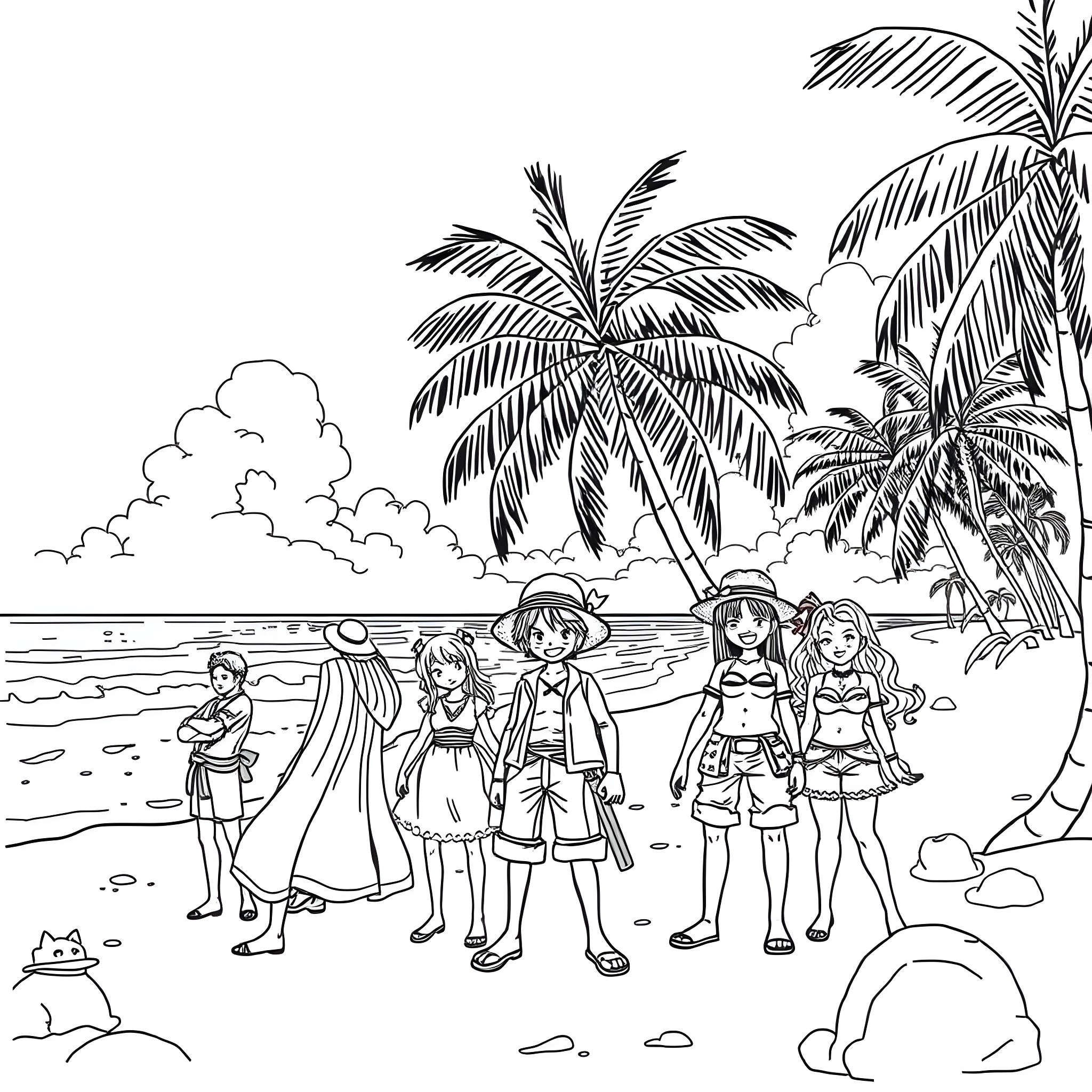 One Piece Characters Enjoying a Tropical Beach Adventure Coloring Page (free black-and-white line drawing printable PDF for all, from beginners to advanced learners, including children, teens, adults, and seniors)