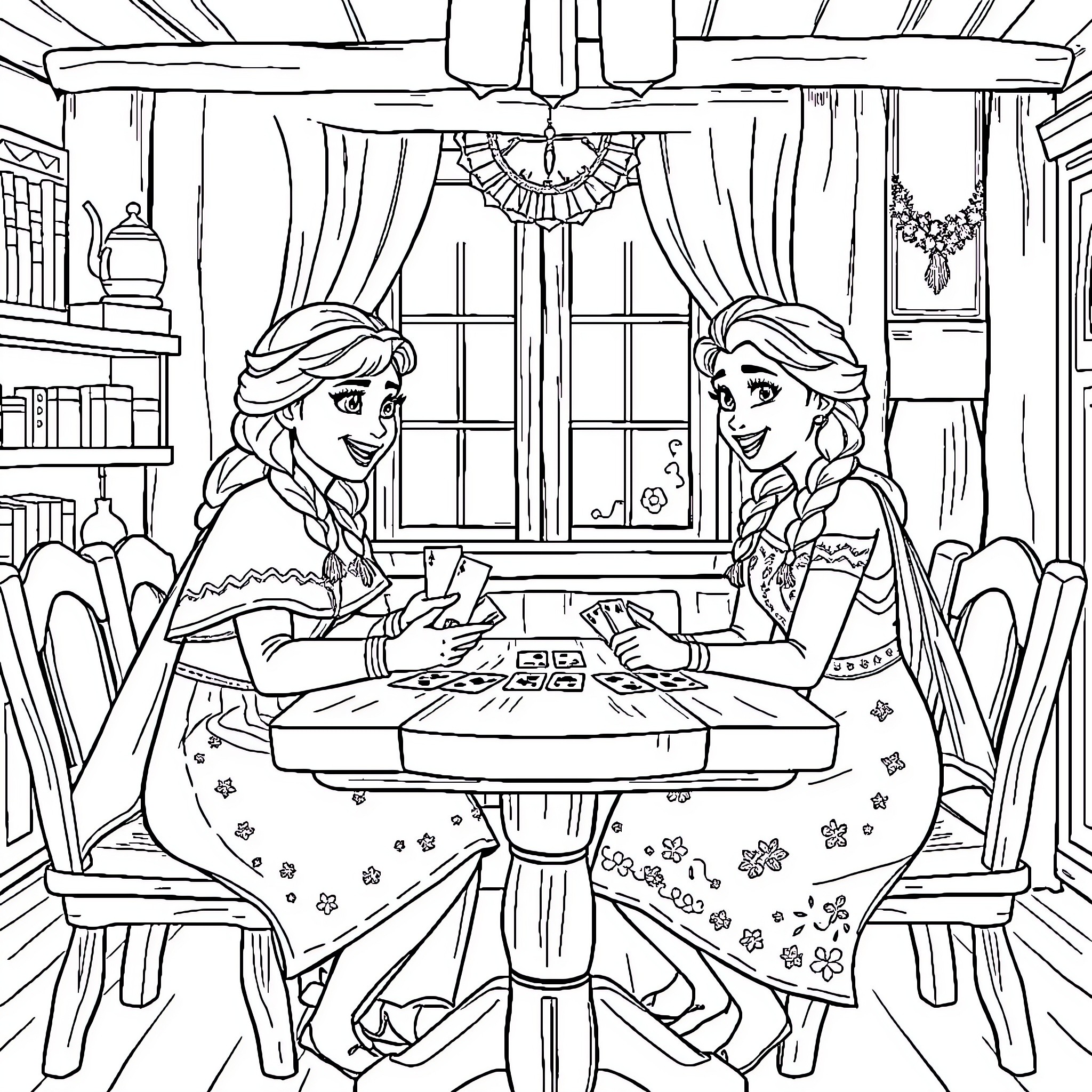 Anna and Elsa enjoying a cozy tea time together Coloring Page (free black-and-white line drawing printable PDF for all, from beginners to advanced learners, including children, teens, adults, and seniors)
