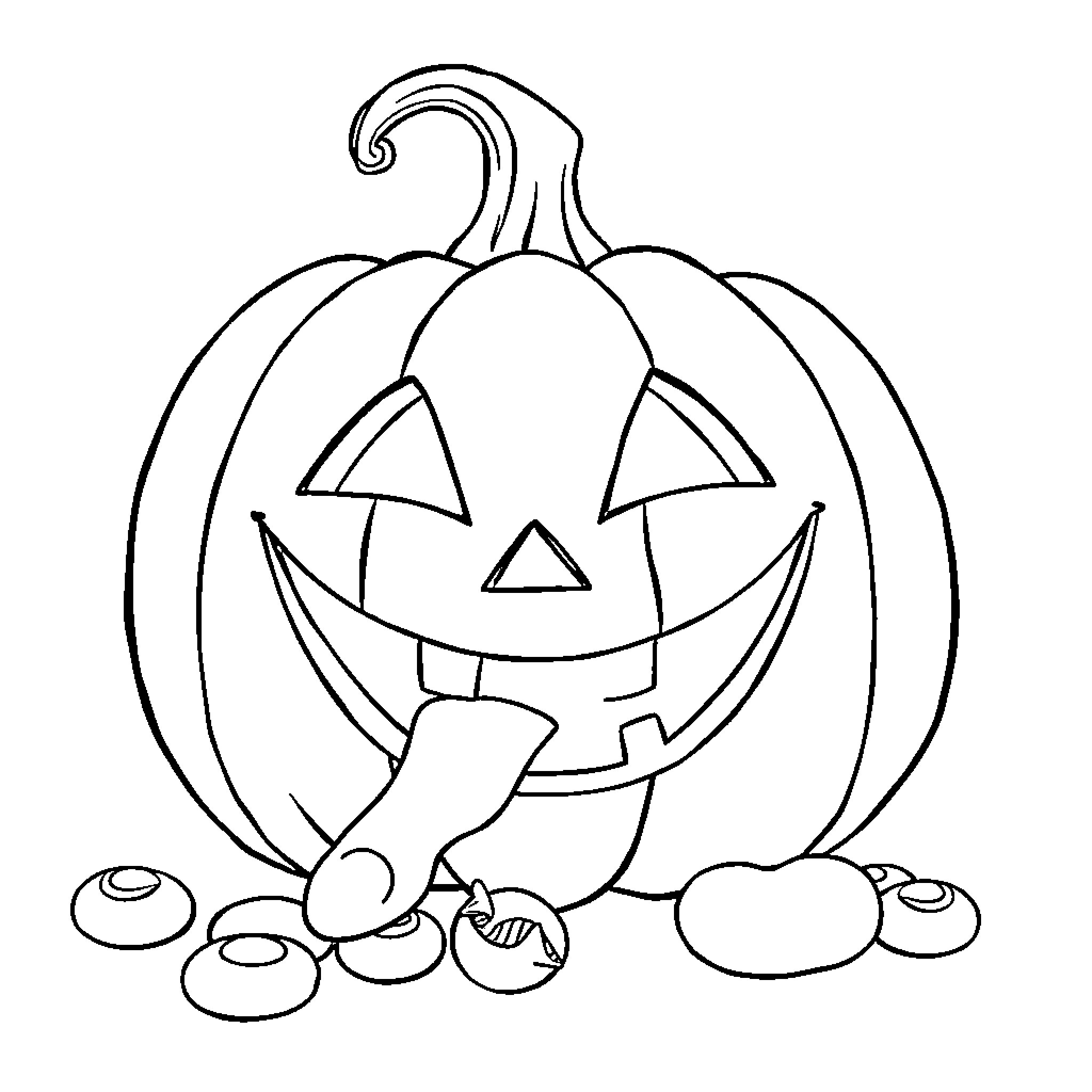 Jack-o'-lantern with Halloween treats and decorations Coloring Page (free black-and-white line drawing printable PDF for all, from beginners to advanced learners, including children, teens, adults, and seniors)