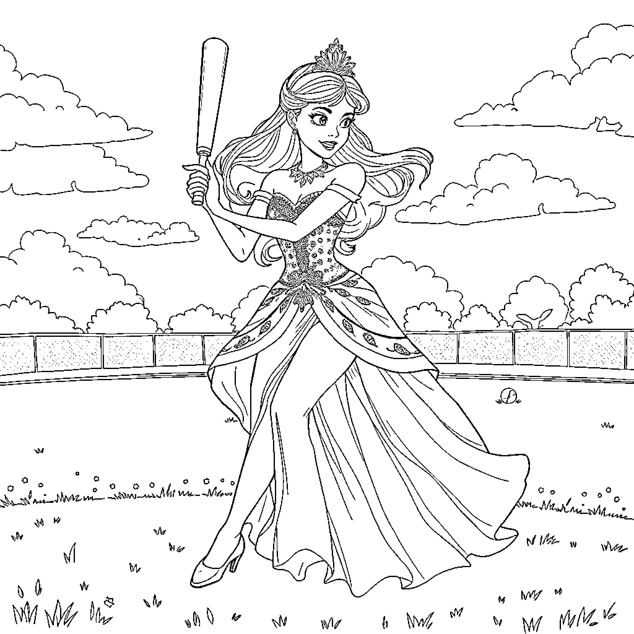Princess Wielding a Sword in a Majestic Pose Coloring Page (free black-and-white line drawing printable PDF for all, from beginners to advanced learners, including children, teens, adults, and seniors)