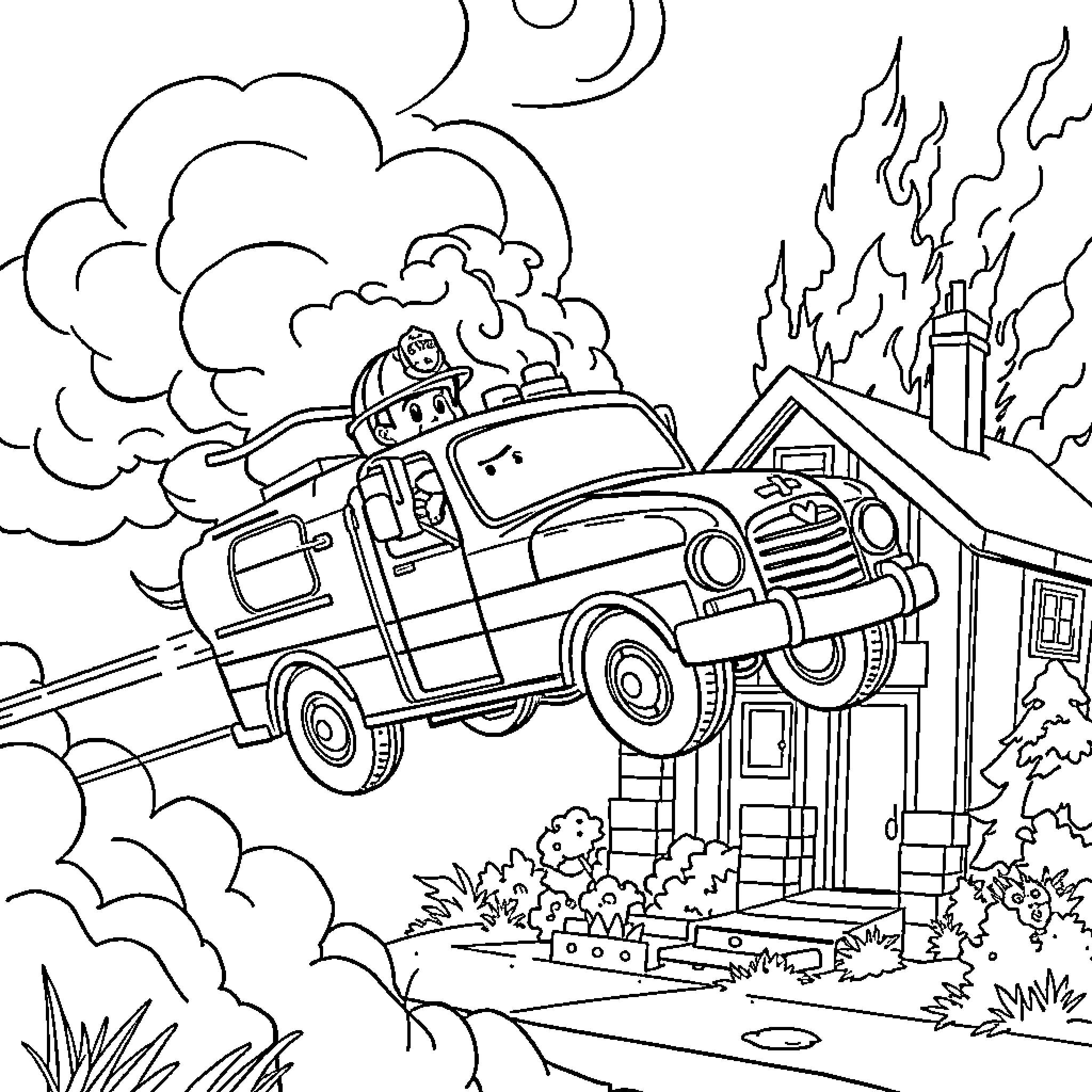 Fireman rushing to extinguish a house fire Coloring Page (free black-and-white line drawing printable PDF for all, from beginners to advanced learners, including children, teens, adults, and seniors)