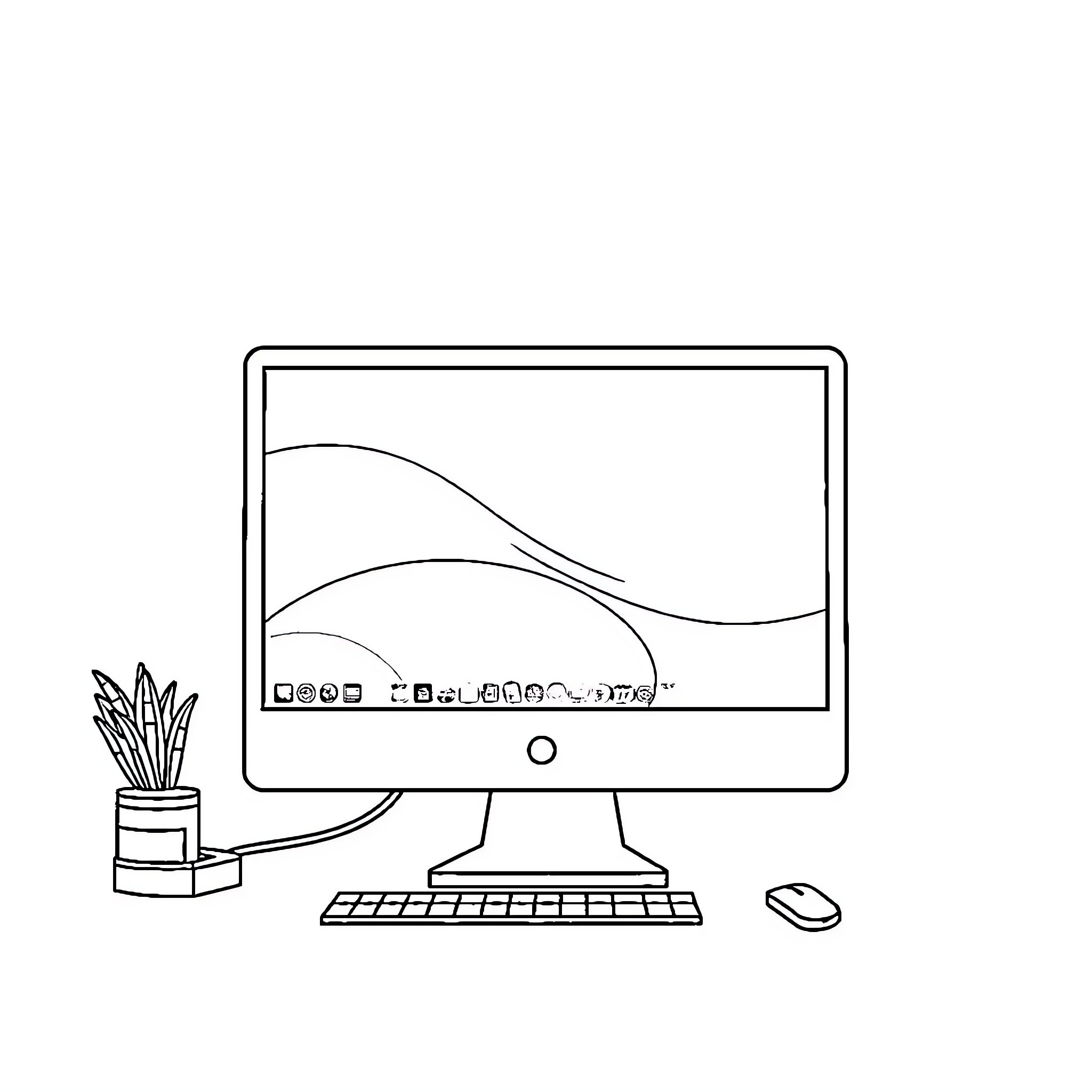 Desktop with computer and stationery Coloring Page (free black-and-white line drawing printable PDF for all, from beginners to advanced learners, including children, teens, adults, and seniors)