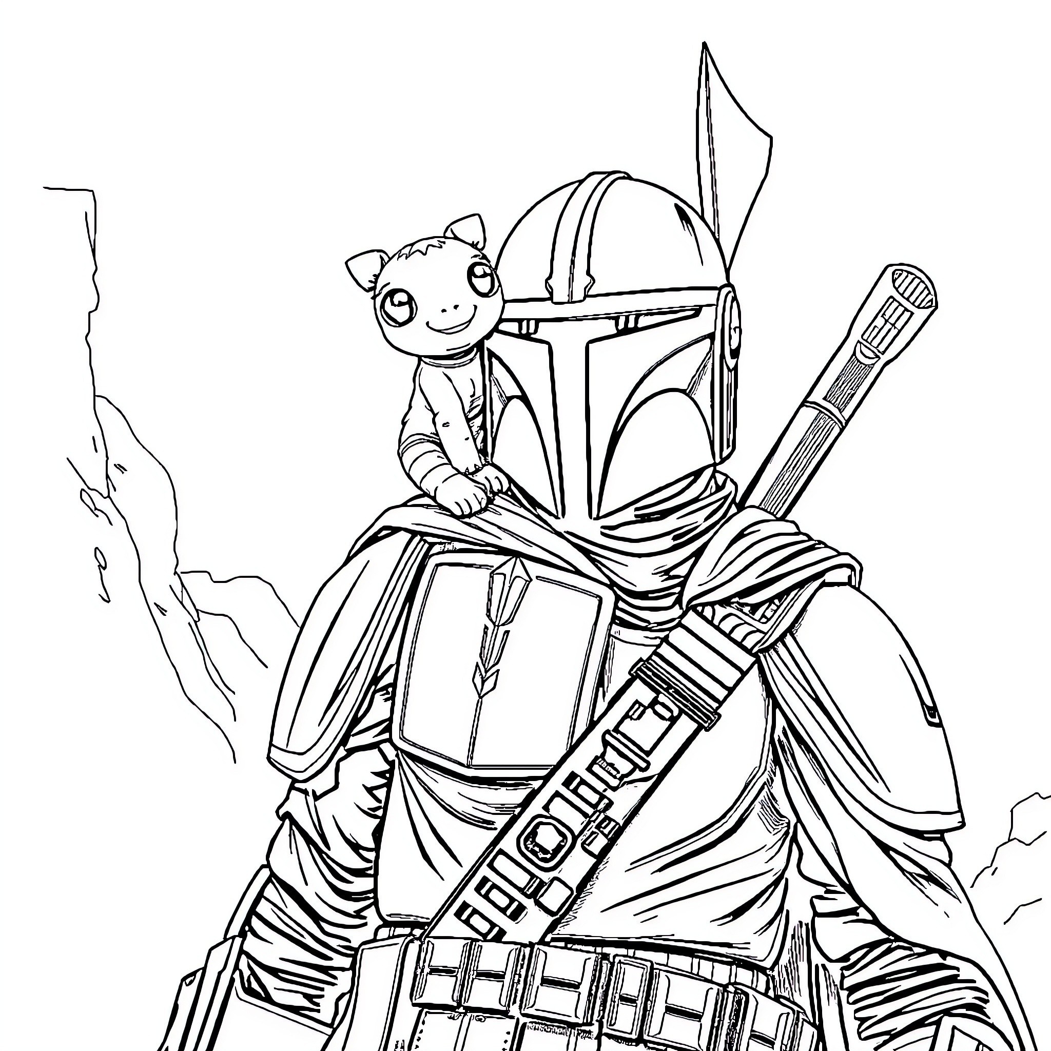 Grogu exploring the intriguing Mandalorian armor Coloring Page (free black-and-white line drawing printable PDF for all, from beginners to advanced learners, including children, teens, adults, and seniors)