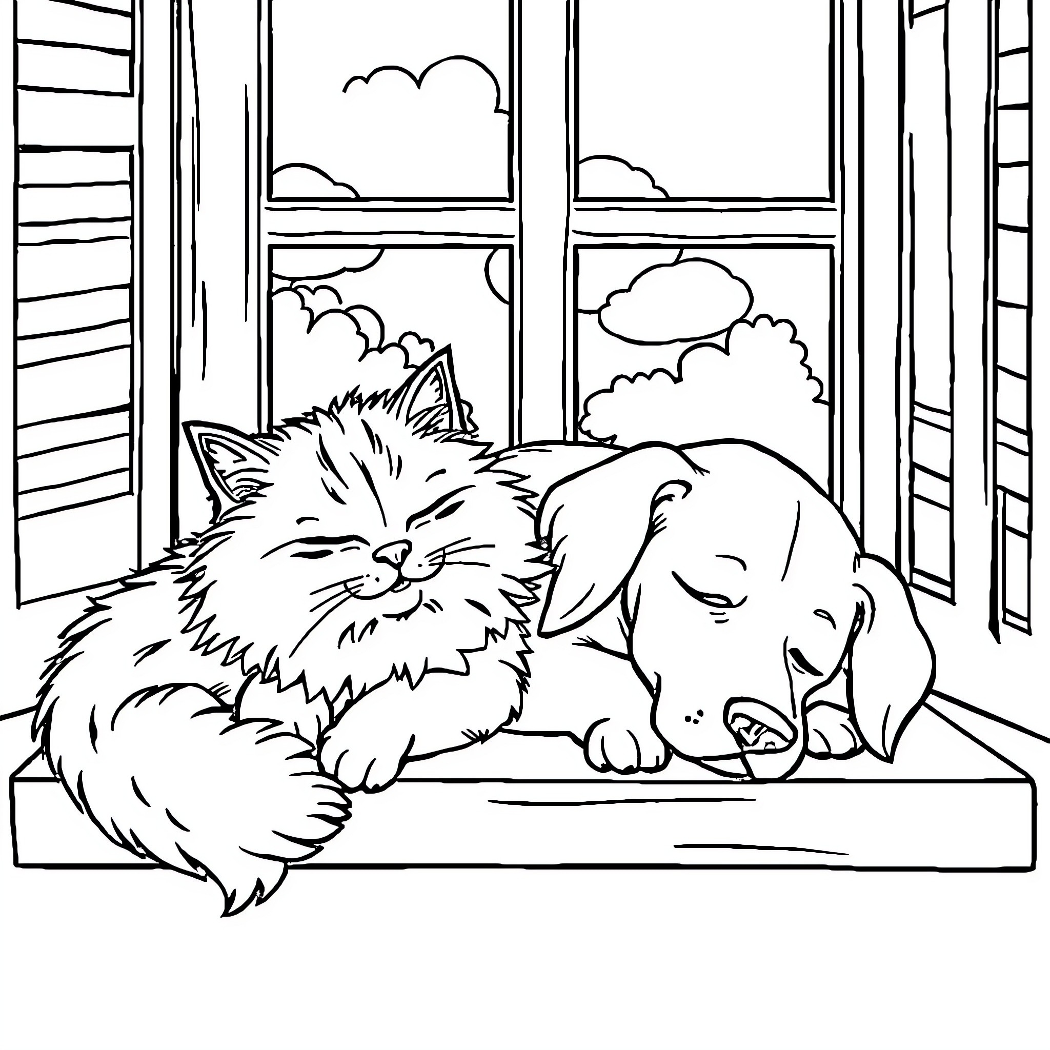 Cat and dog napping peacefully by the window Coloring Page (free black-and-white line drawing printable PDF for all, from beginners to advanced learners, including children, teens, adults, and seniors)