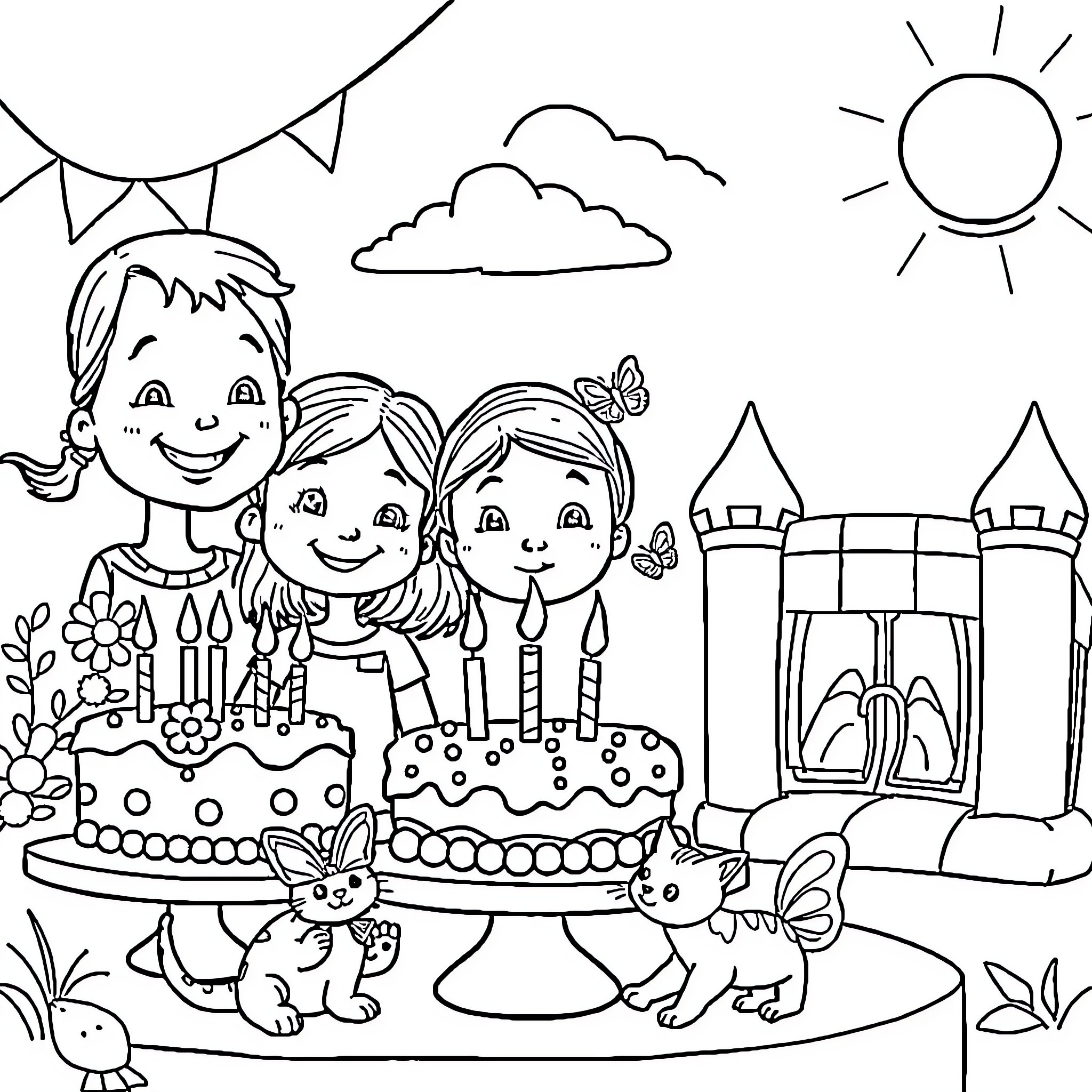 Party with Happy Children Celebrating Birthdays Coloring Page (free black-and-white line drawing printable PDF for all, from beginners to advanced learners, including children, teens, adults, and seniors)