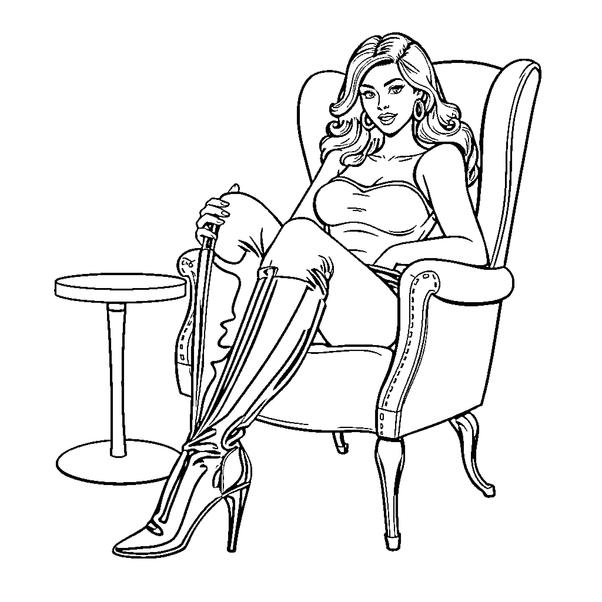Shego relaxing in a high-backed chair Coloring Page (free black-and-white line drawing printable PDF for all, from beginners to advanced learners, including children, teens, adults, and seniors)