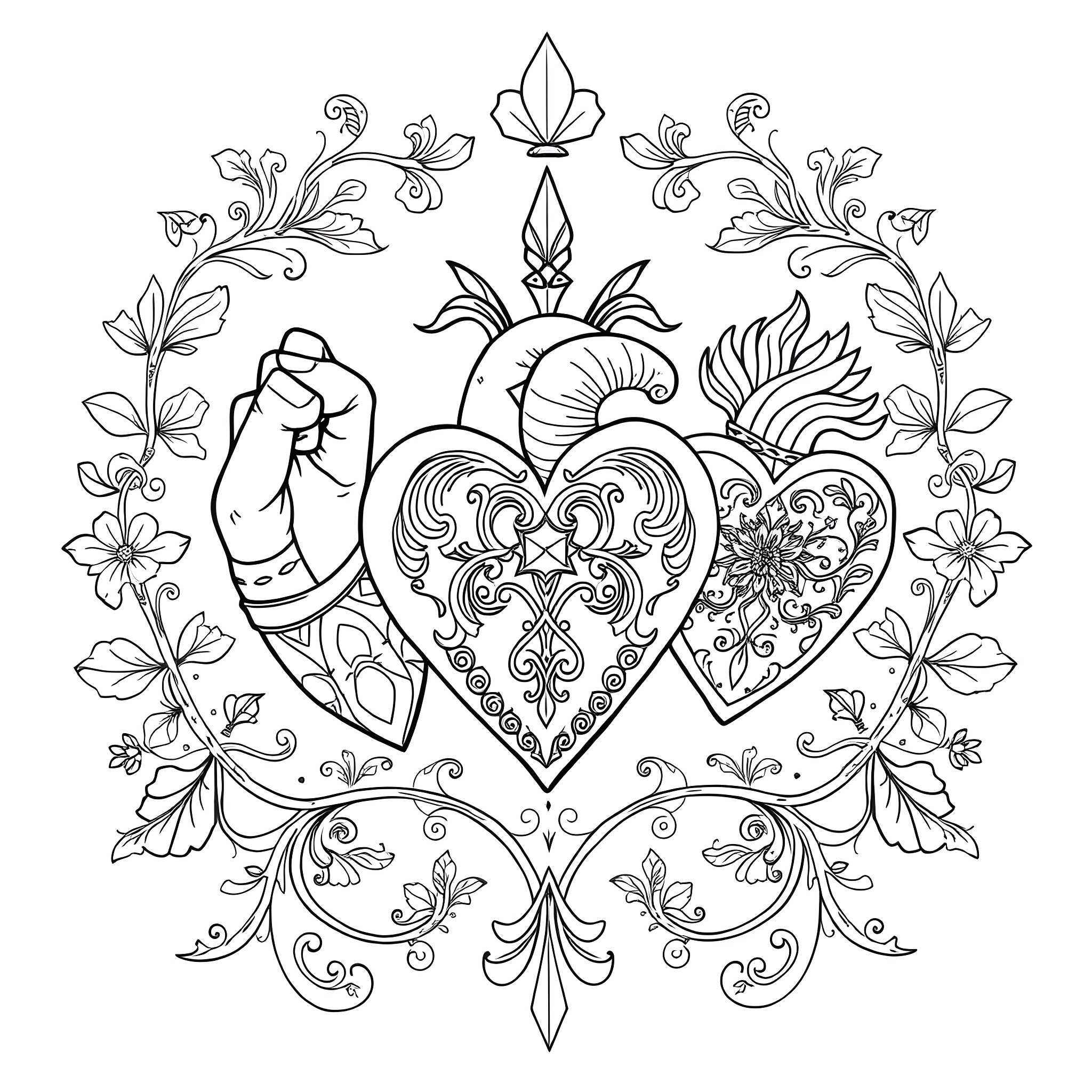 Heart-shaped Art with Floral Ornaments Coloring Page (free black-and-white line drawing printable PDF for all, from beginners to advanced learners, including children, teens, adults, and seniors)