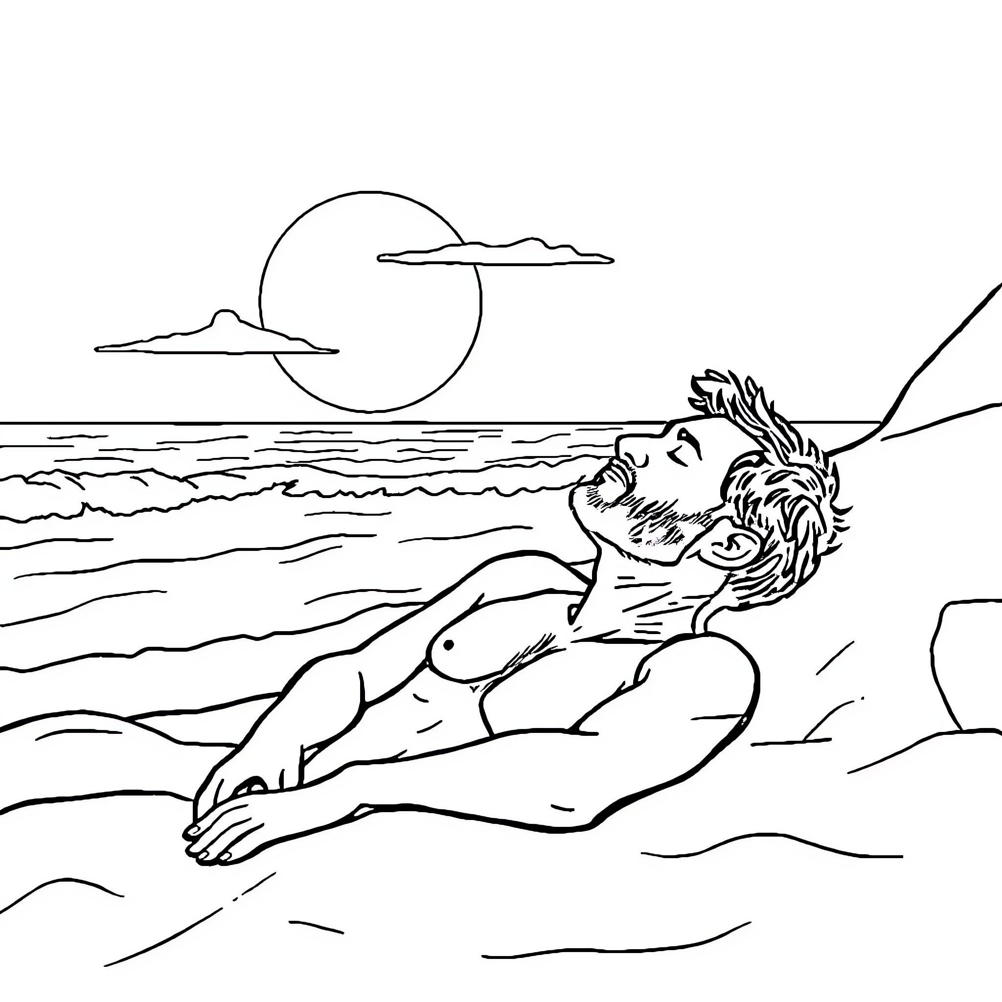 Man relaxing on the beach under the moon Coloring Page (free black-and-white line drawing printable PDF for all, from beginners to advanced learners, including children, teens, adults, and seniors)
