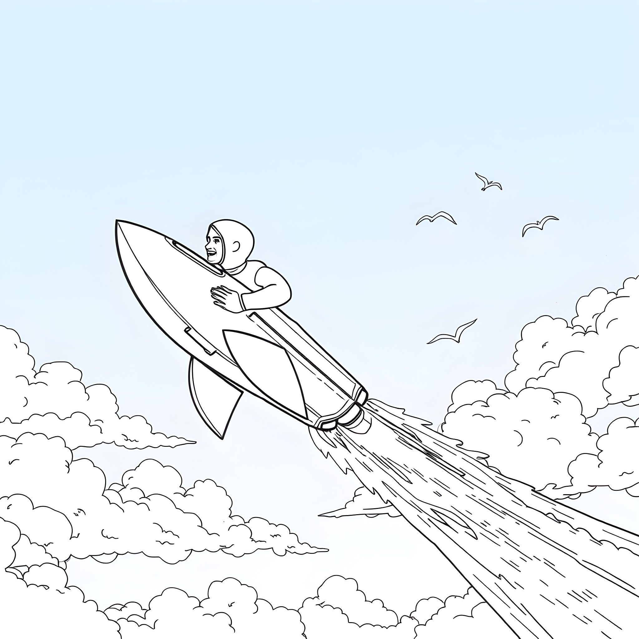Rocketeer soaring through the clouds Coloring Page (free black-and-white line drawing printable PDF for all, from beginners to advanced learners, including children, teens, adults, and seniors)