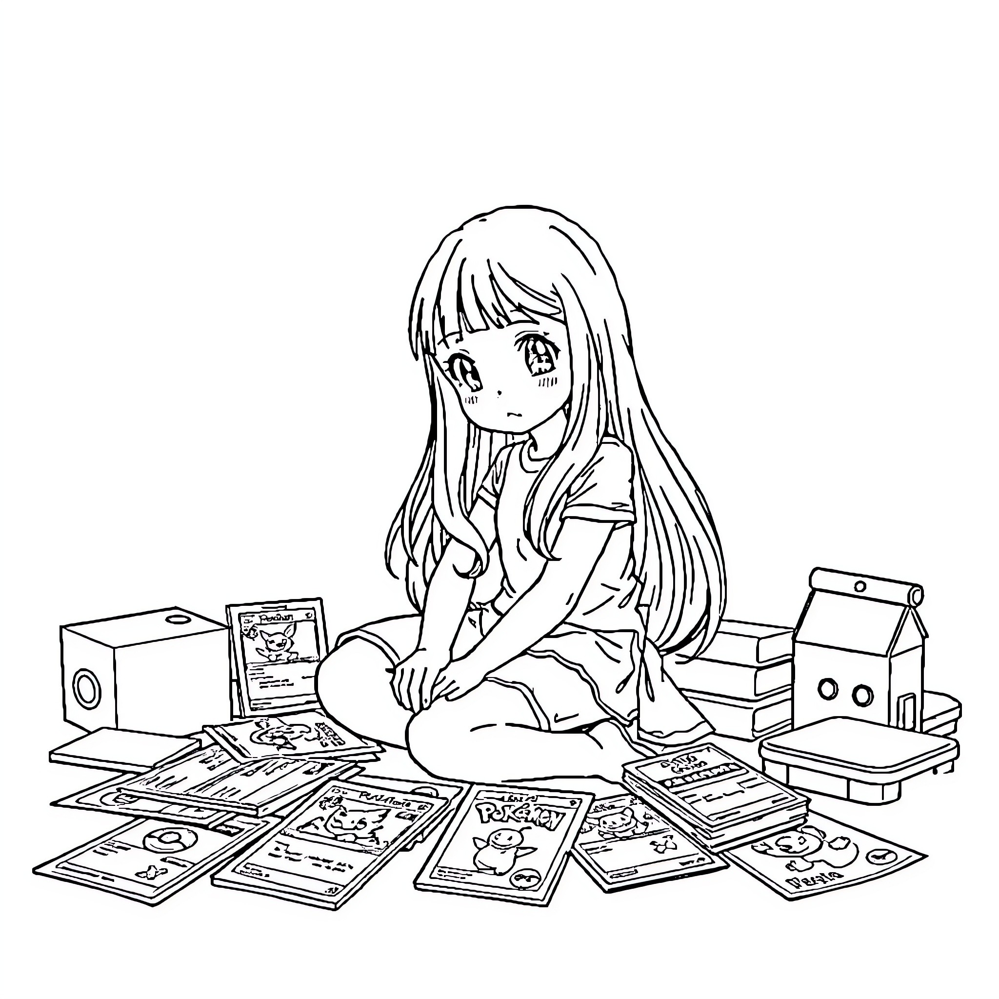 Girl surrounded by manga and anime memorabilia Coloring Page (free black-and-white line drawing printable PDF for all, from beginners to advanced learners, including children, teens, adults, and seniors)