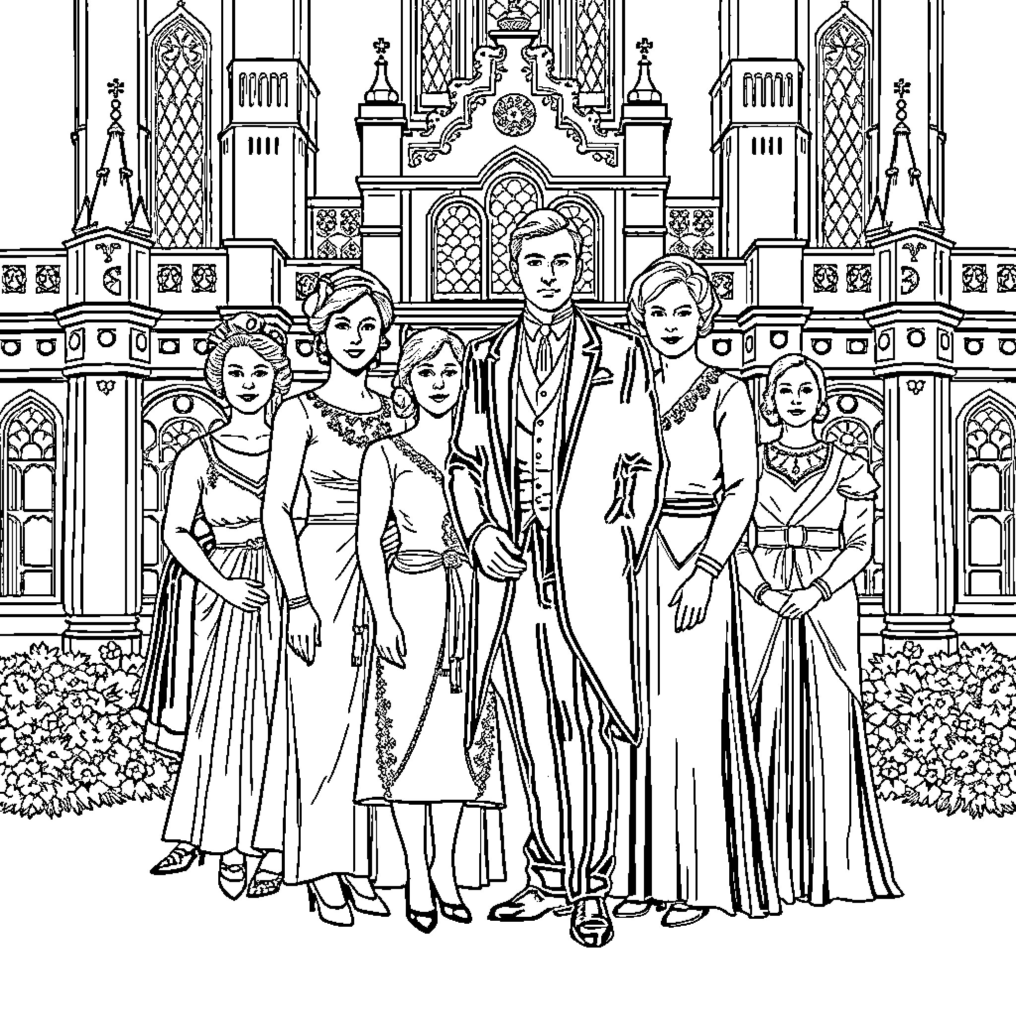 Downton Abbey characters in formal attire outside castle Coloring Page (free black-and-white line drawing printable PDF for all, from beginners to advanced learners, including children, teens, adults, and seniors)