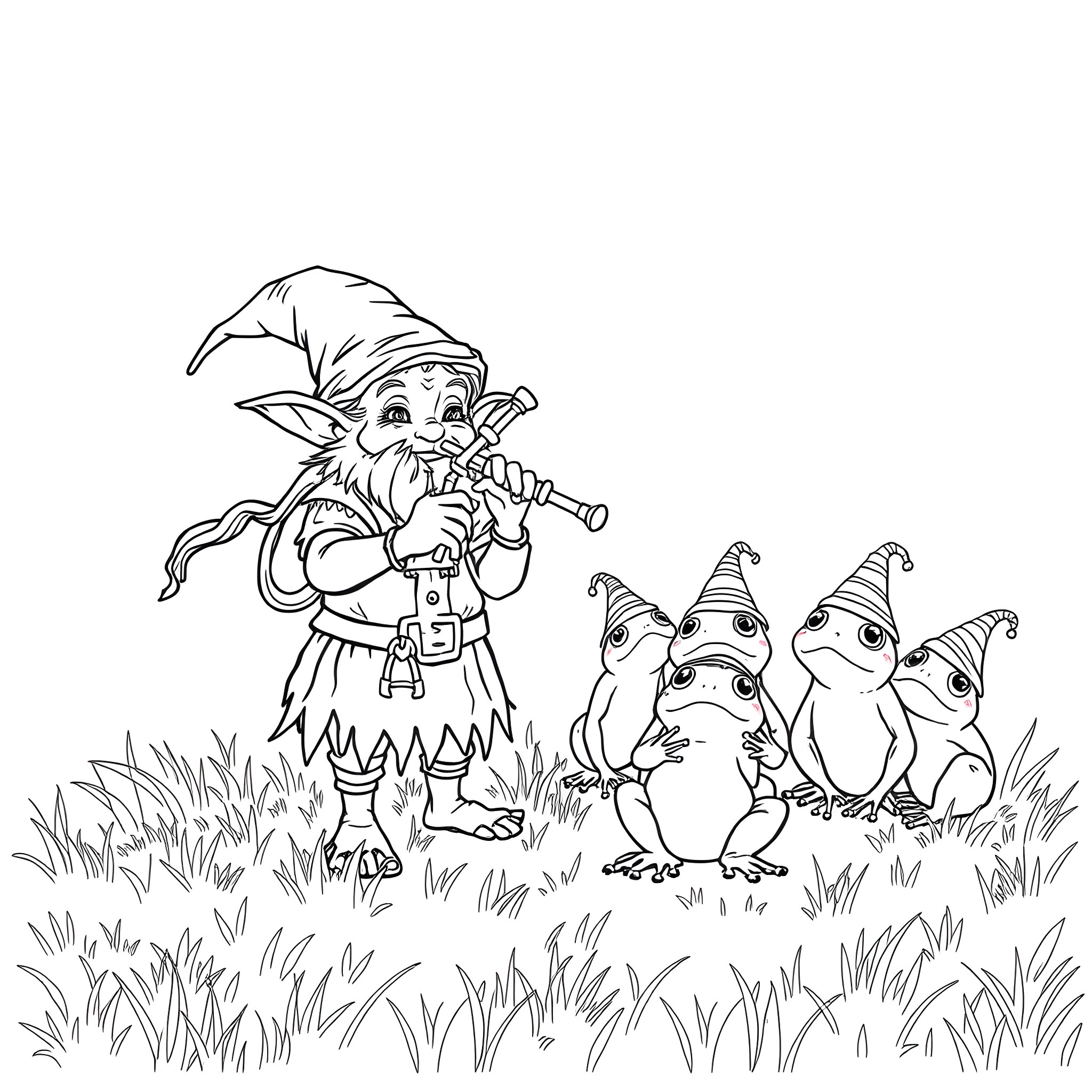Goblin playing music for a group of curious creatures Coloring Page (free black-and-white line drawing printable PDF for all, from beginners to advanced learners, including children, teens, adults, and seniors)