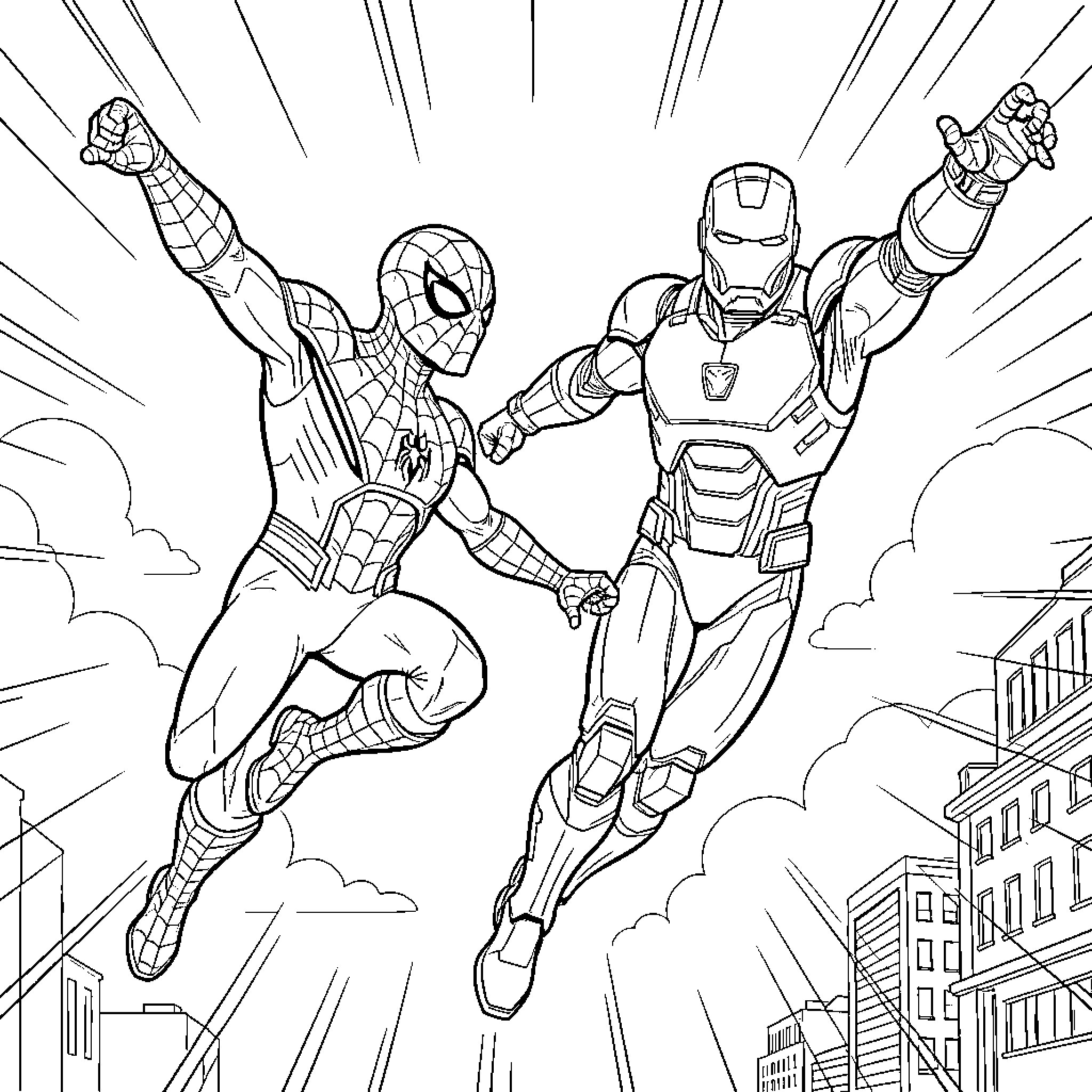 Spider-Man and Iron Man flying through the city Coloring Page (free black-and-white line drawing printable PDF for all, from beginners to advanced learners, including children, teens, adults, and seniors)